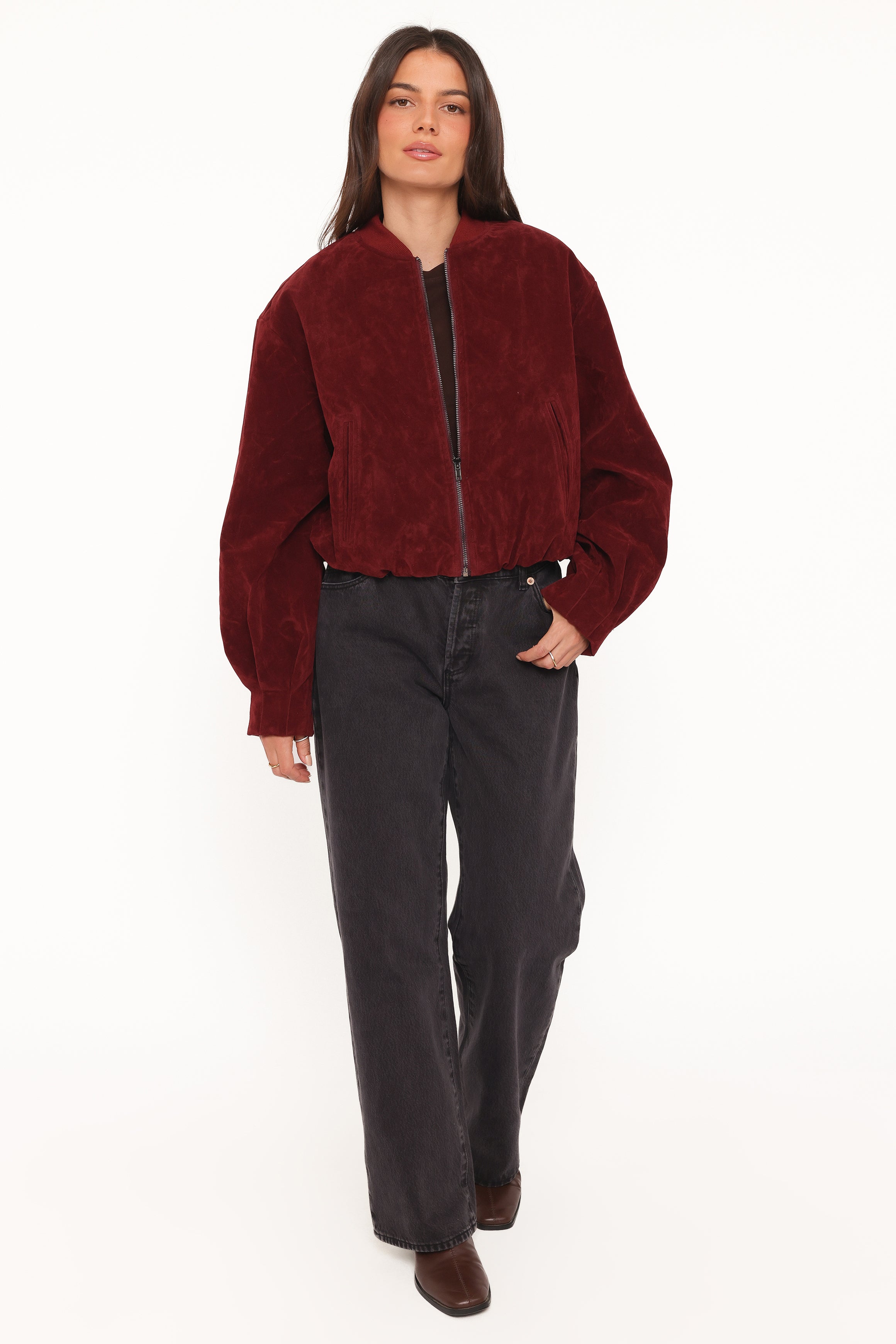 OUTERWEAR Goldie Faux Suede Bomber Jacket - Burgundy