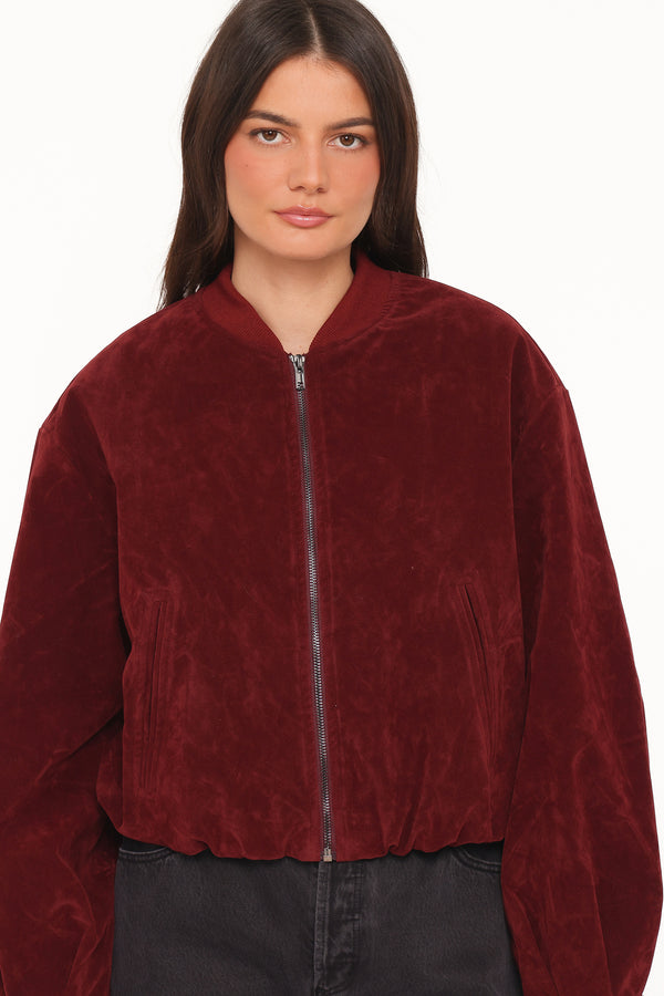 OUTERWEAR Goldie Faux Suede Bomber Jacket - Burgundy