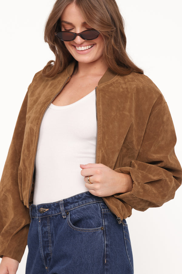 OUTERWEAR Goldie Faux Suede Bomber Jacket - Camel
