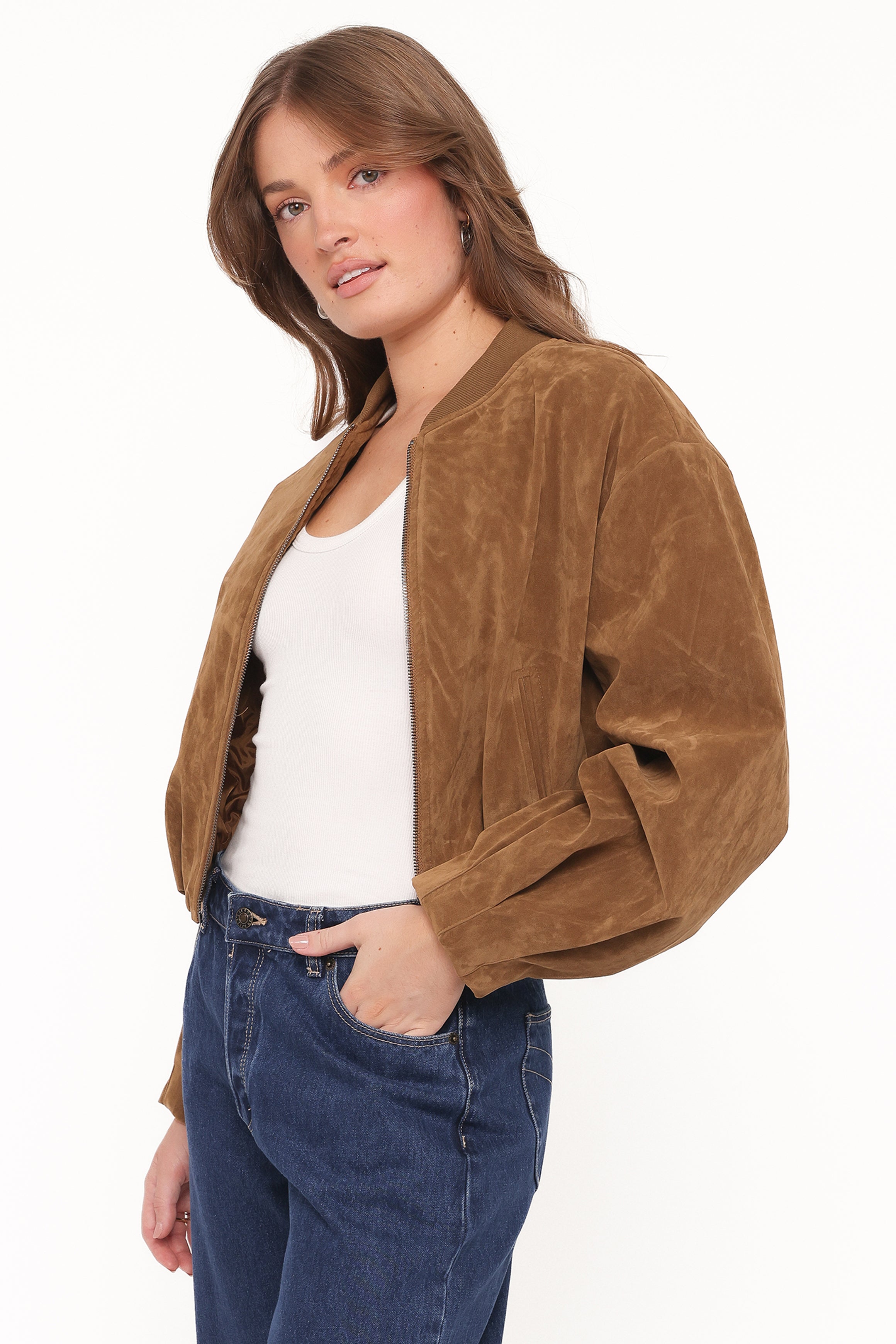 OUTERWEAR Goldie Faux Suede Bomber Jacket - Camel