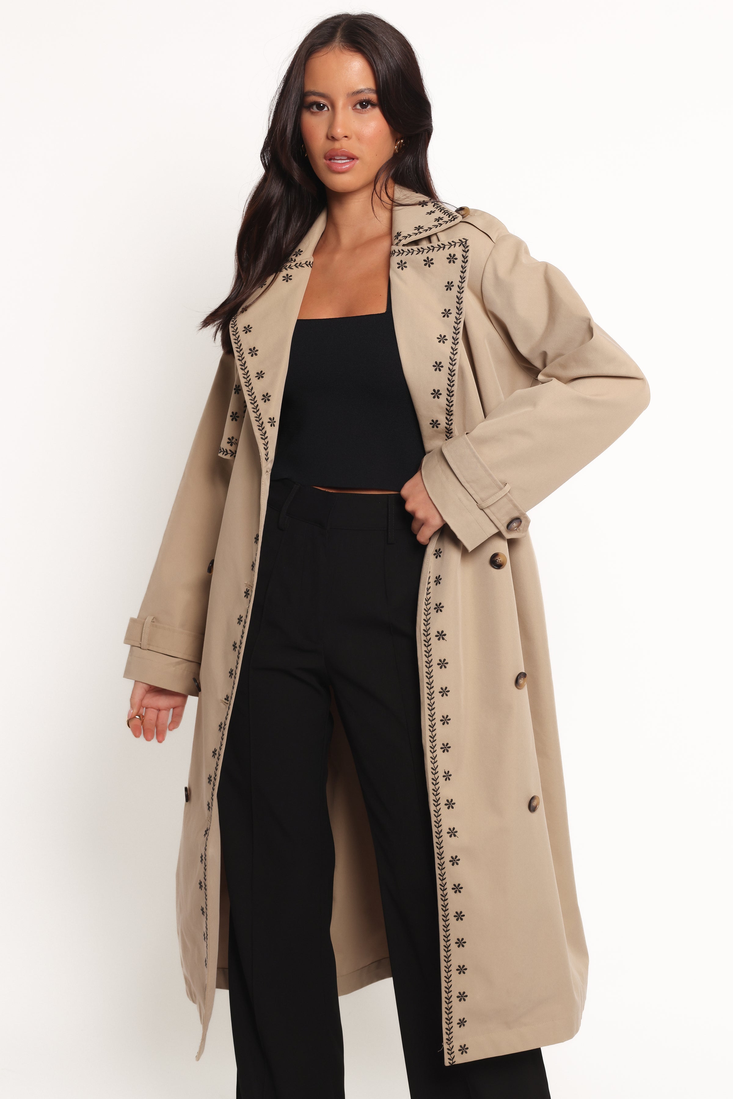 OUTERWEAR Grayson Embroidered Trim Trench Coat - Taupe