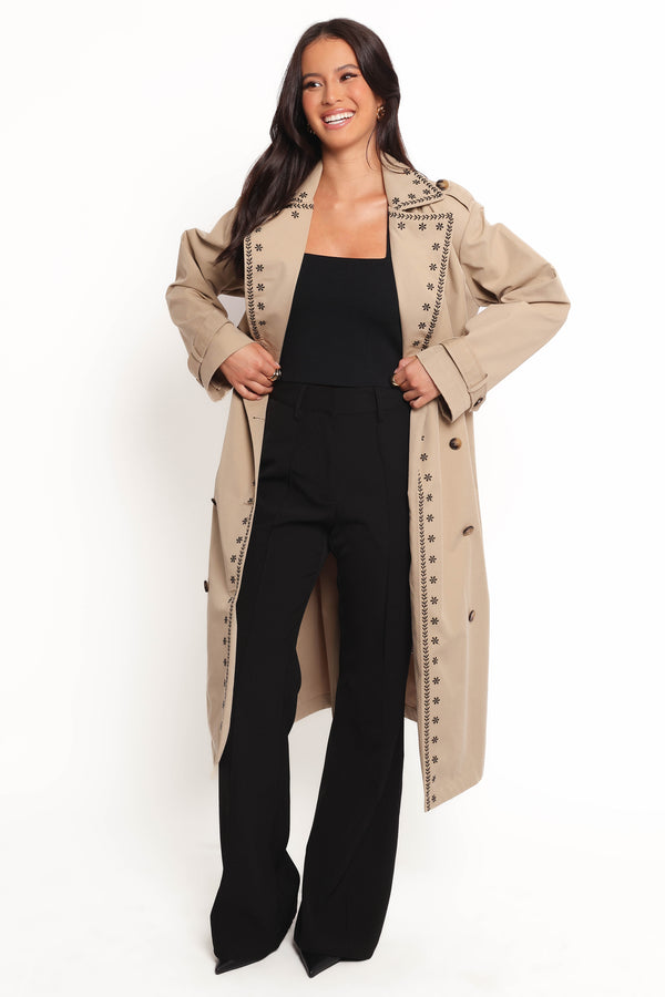 OUTERWEAR Grayson Embroidered Trim Trench Coat - Taupe