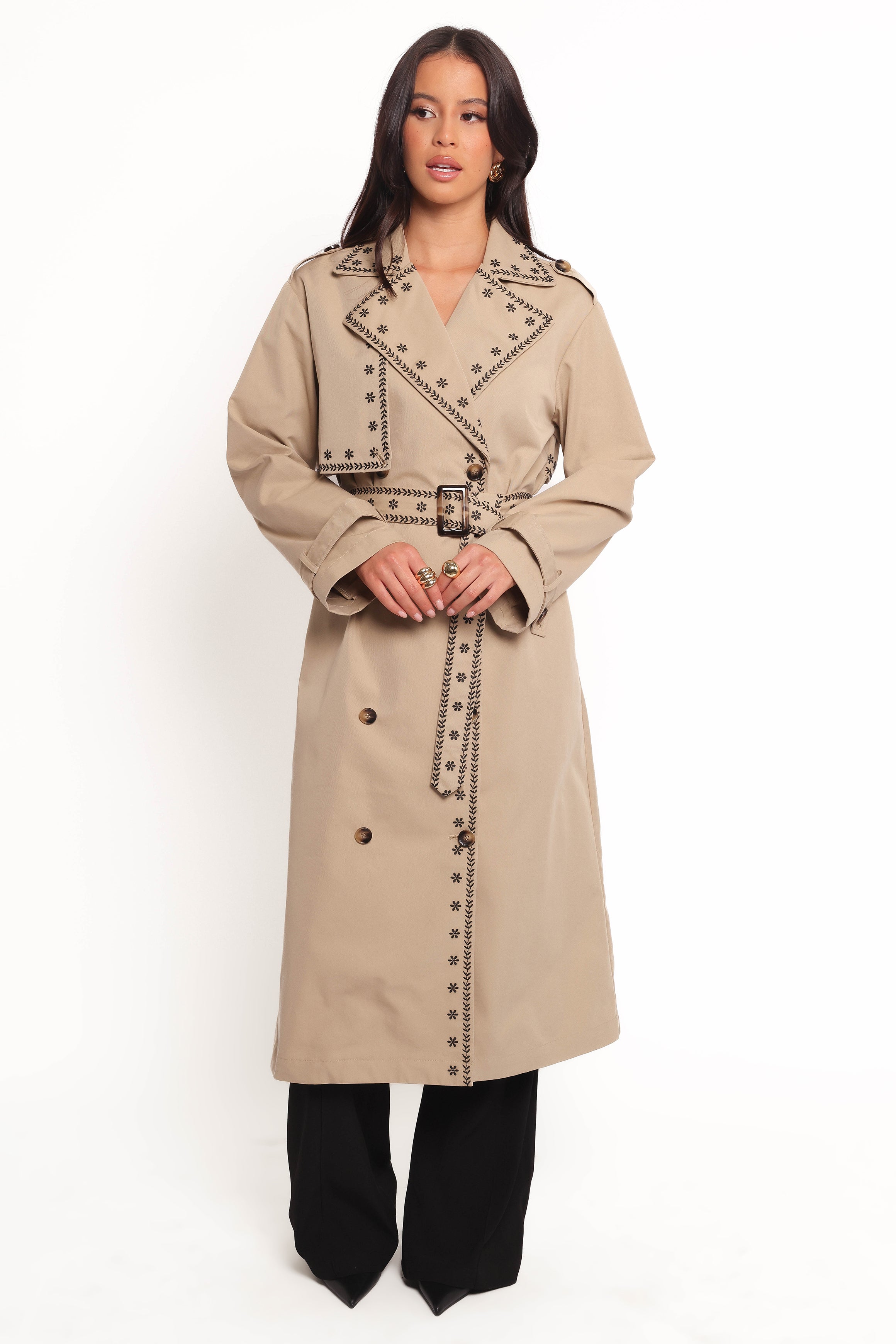 OUTERWEAR Grayson Embroidered Trim Trench Coat - Taupe