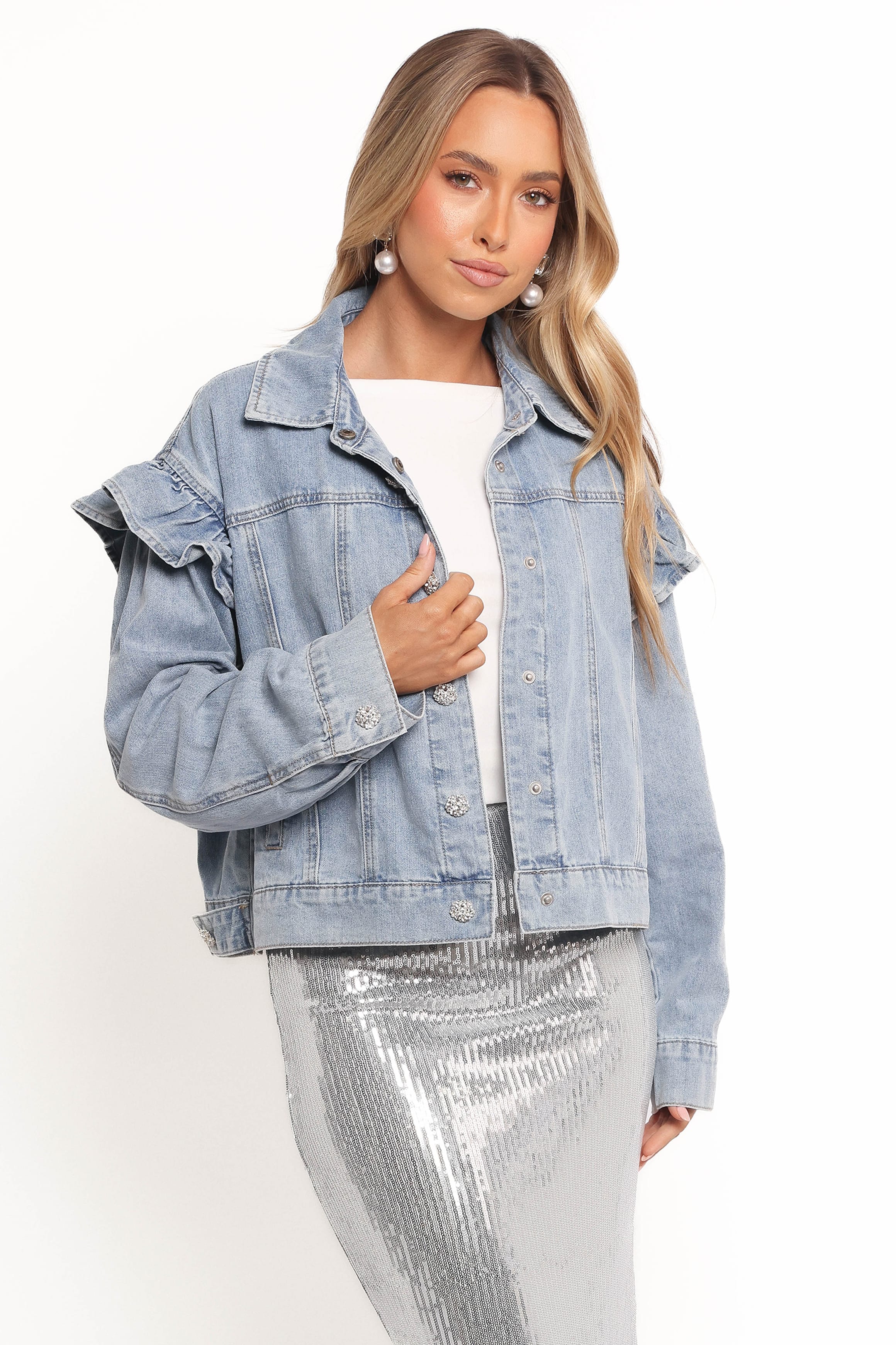 OUTERWEAR Hadley Ruffle Sleeve Denim Jacket - Mid Denim
