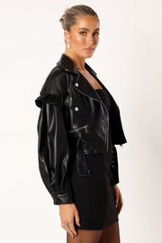 OUTERWEAR @Hanna Ruffle Sleeve Faux Leather Jacket - Black