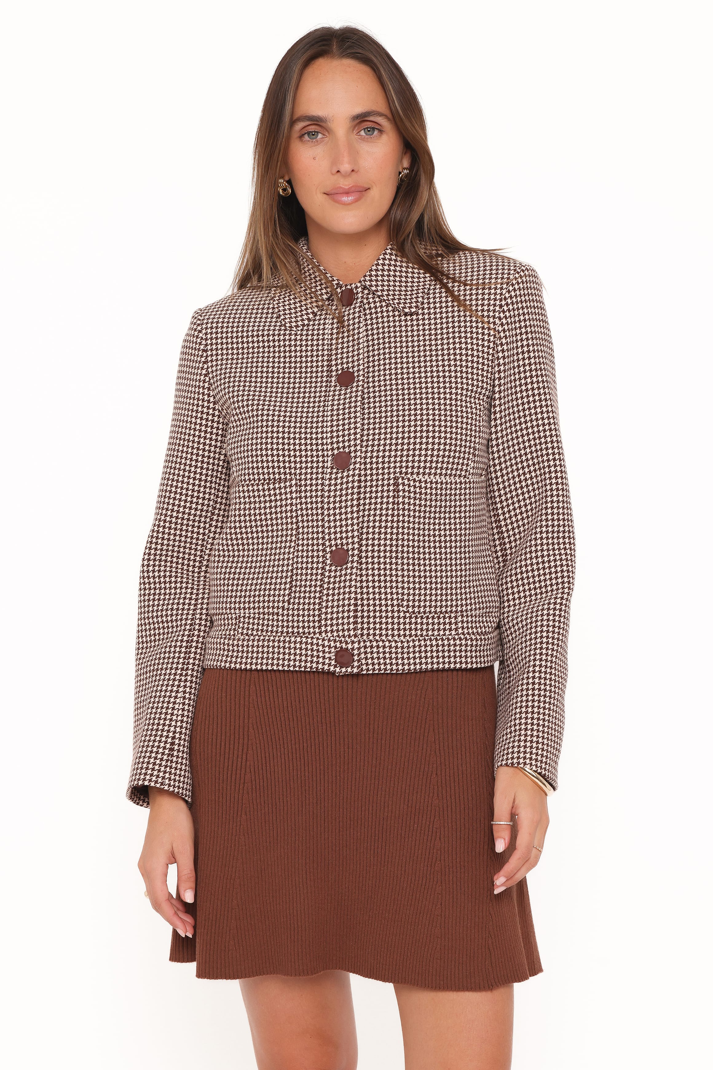 OUTERWEAR Harvie Crop Trucker Jacket - Brown Houndstooth
