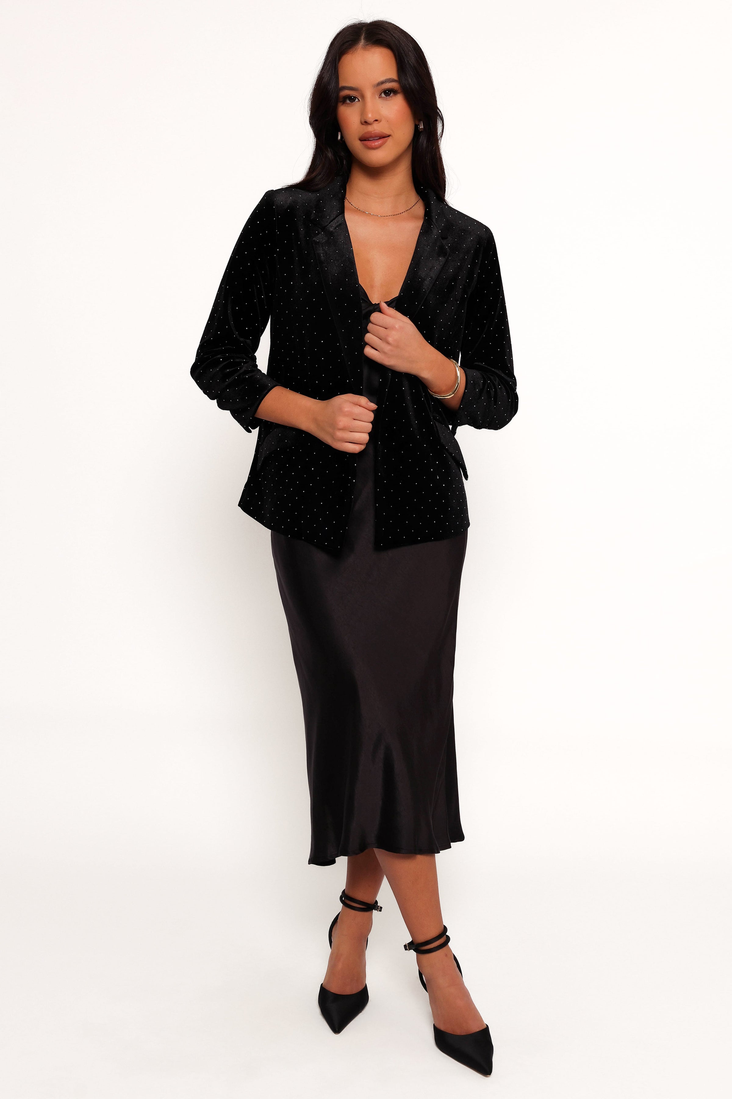 OUTERWEAR Inka All Over Rhinestone Velvet Blazer - Black