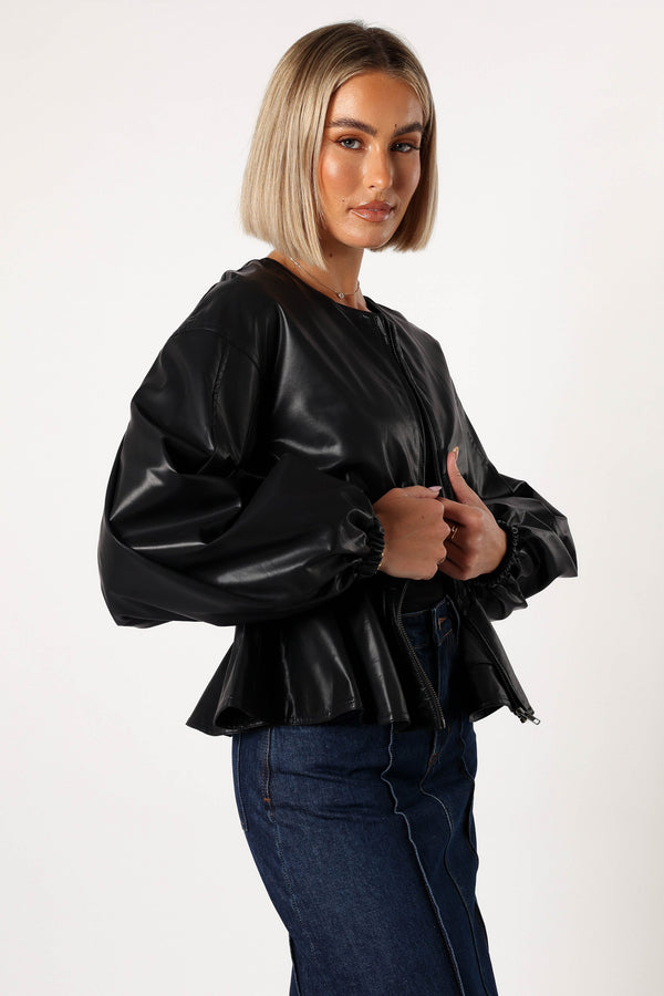 OUTERWEAR Ivanna Faux Leather Puff Sleeve Jacket - Black