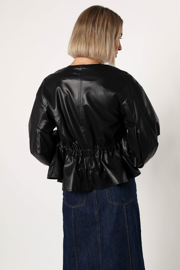 OUTERWEAR Ivanna Faux Leather Puff Sleeve Jacket - Black