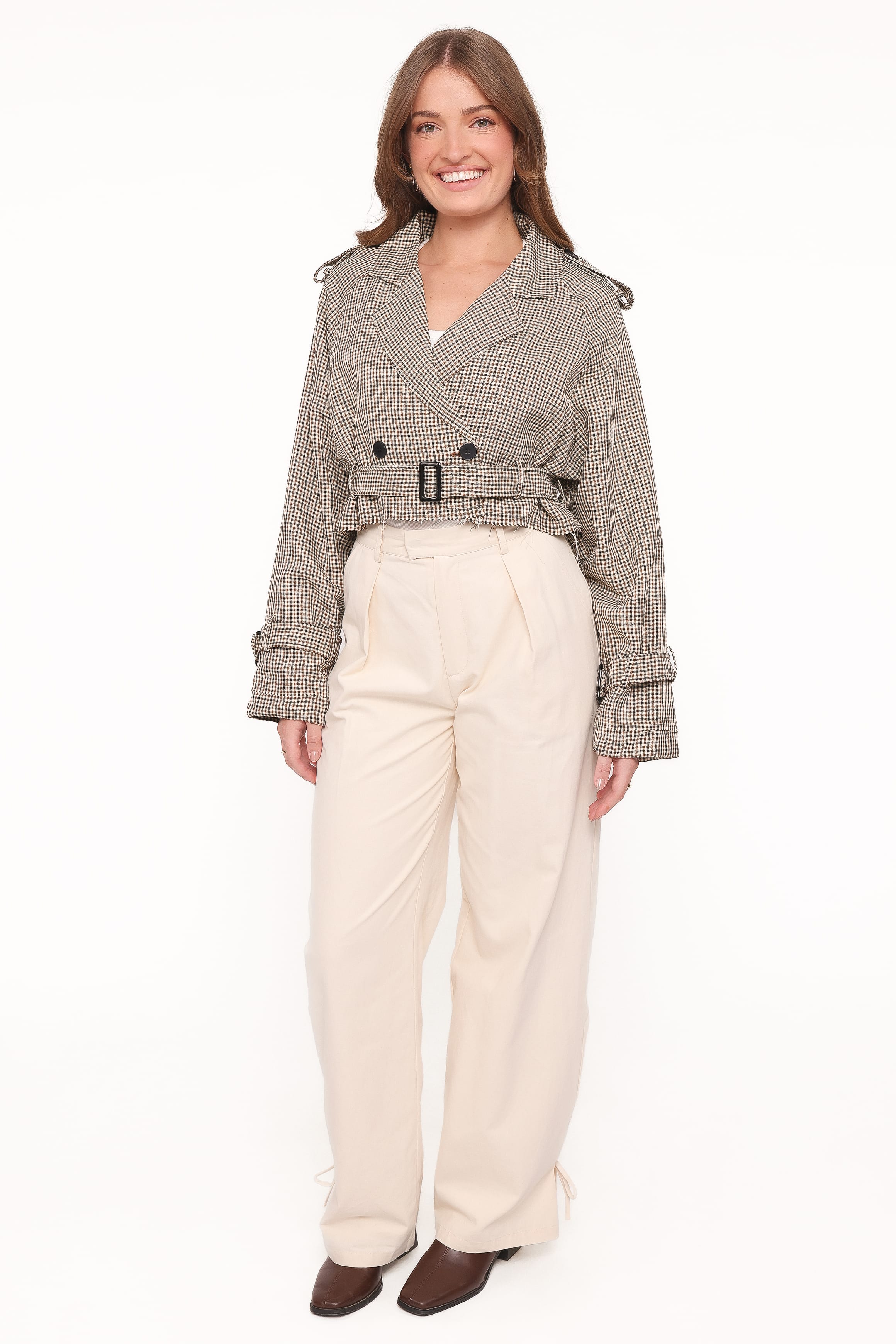OUTERWEAR Izzi Crop Trench Jacket - Black/Brown Plaid