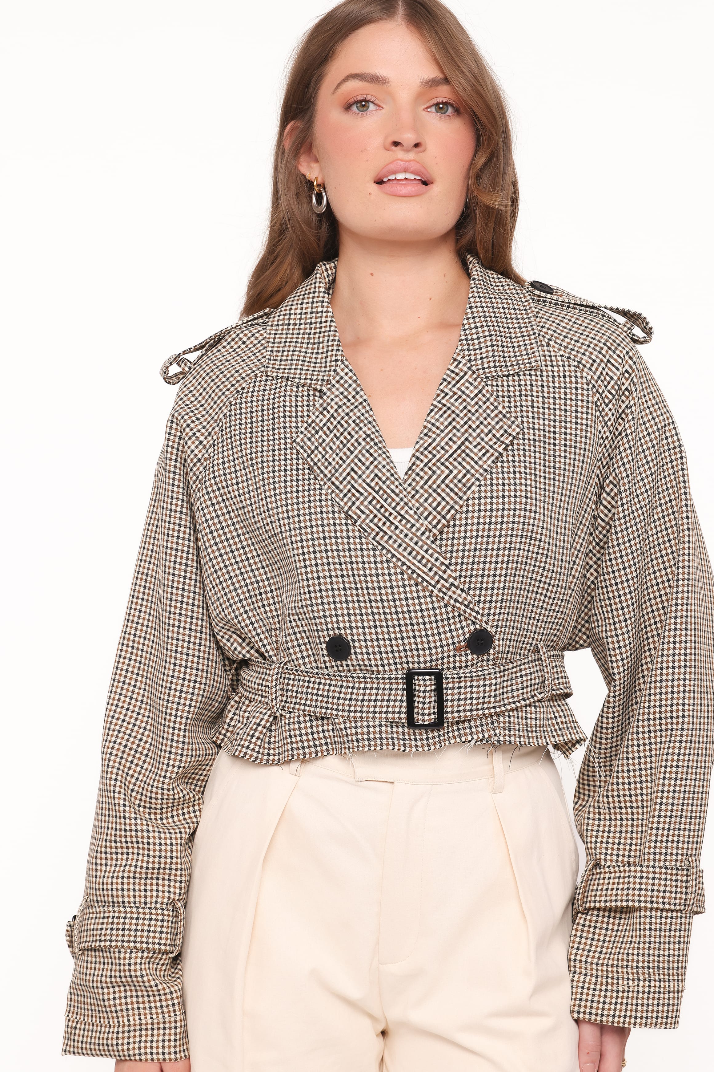 OUTERWEAR Izzi Crop Trench Jacket - Black/Brown Plaid