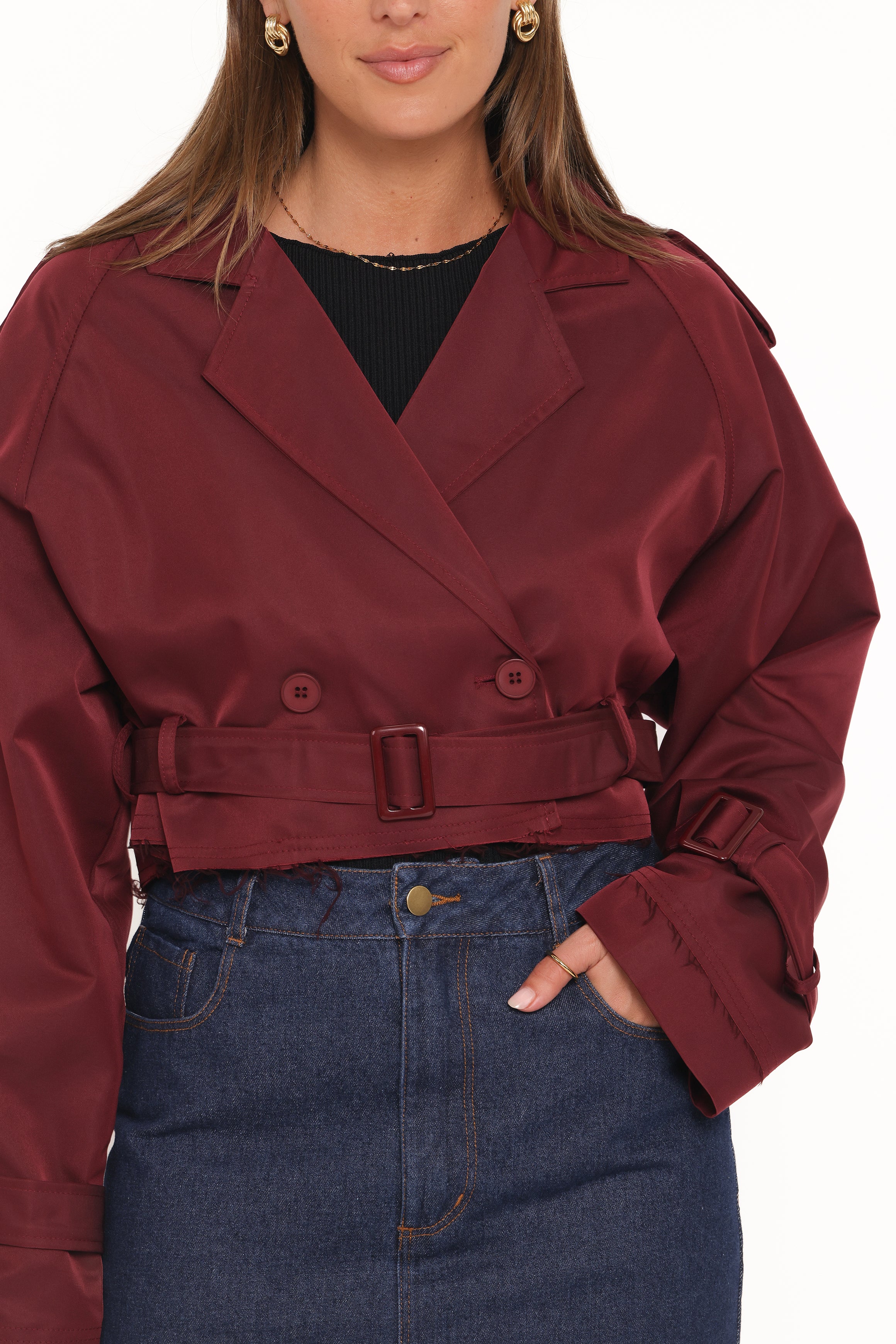 OUTERWEAR Izzi Crop Trench Jacket - Burgundy