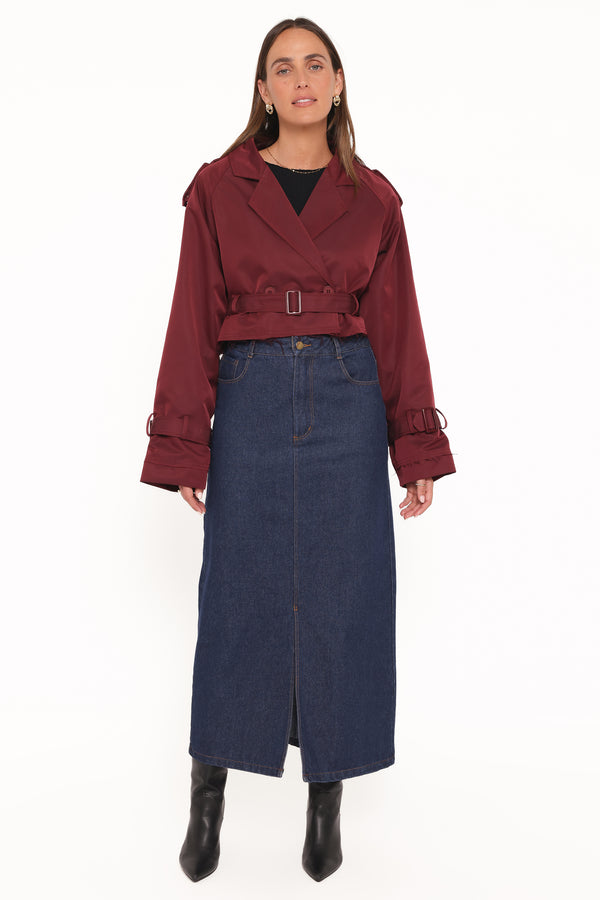 OUTERWEAR Izzi Crop Trench Jacket - Burgundy