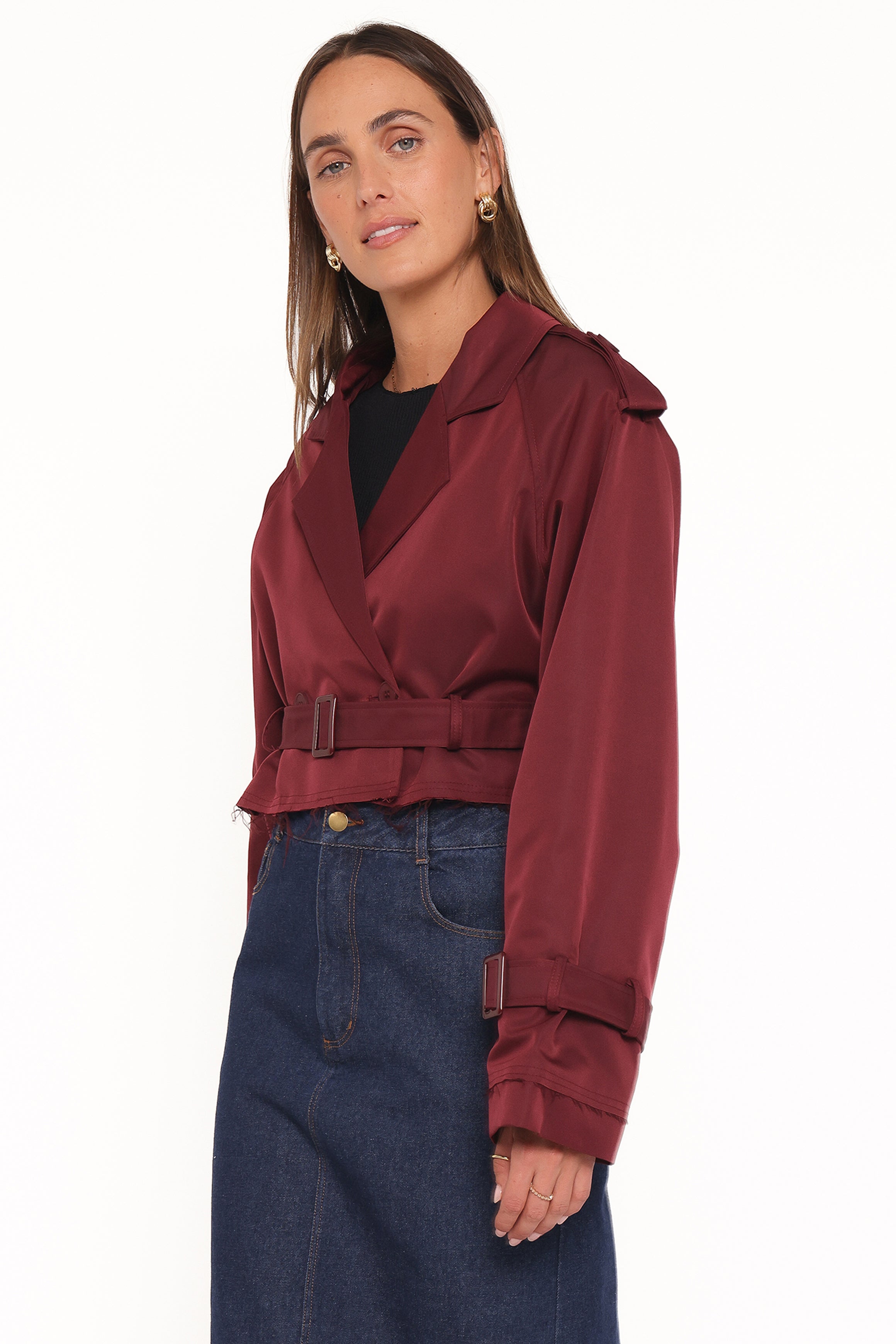 OUTERWEAR Izzi Crop Trench Jacket - Burgundy
