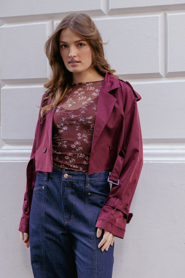 OUTERWEAR Izzi Crop Trench Jacket - Burgundy