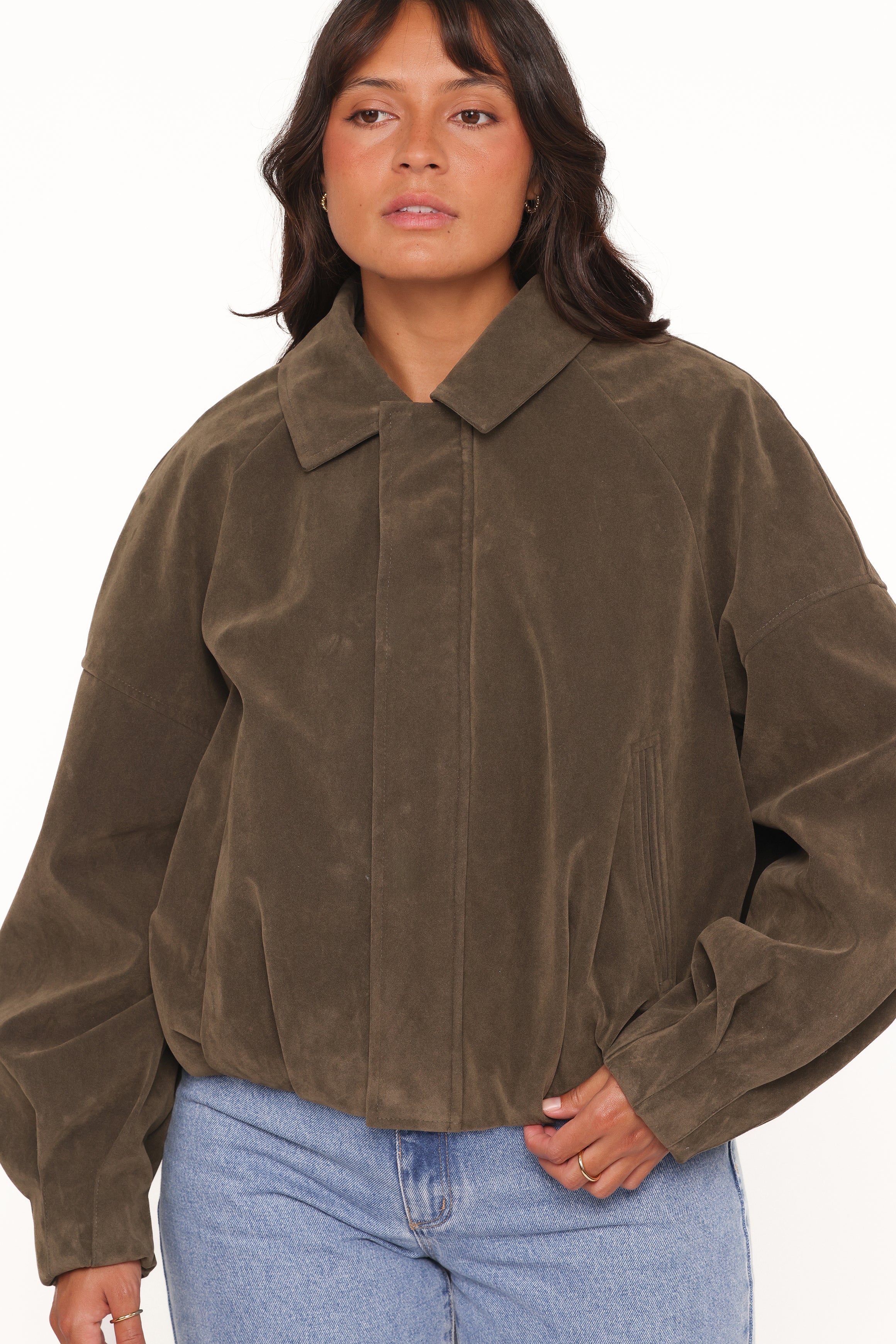 OUTERWEAR Jensen Faux Suede Bomber Jacket - Olive