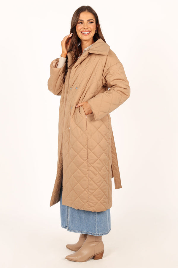 OUTERWEAR @Kallie Quilted Tie Front Coat - Camel