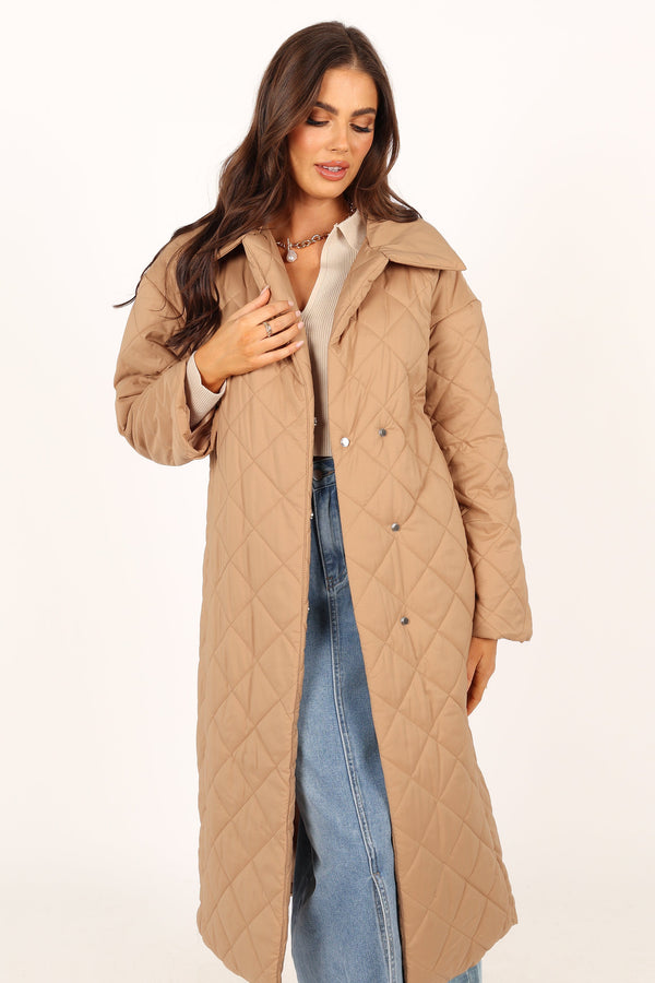 OUTERWEAR @Kallie Quilted Tie Front Coat - Camel