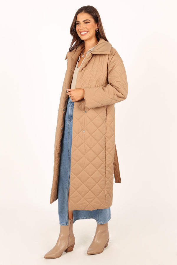 OUTERWEAR @Kallie Quilted Tie Front Coat - Camel