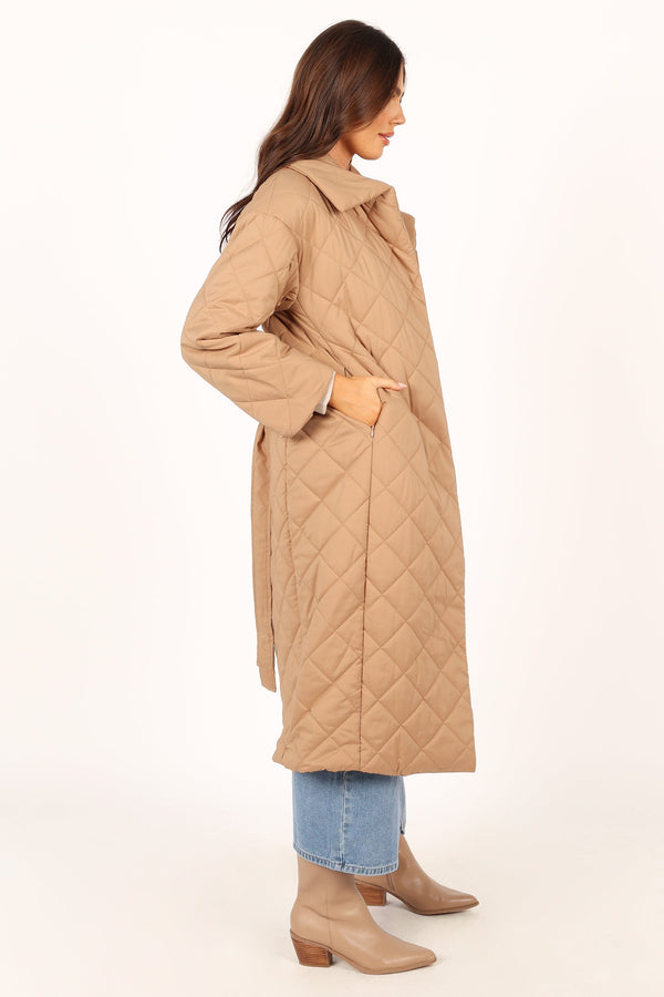 OUTERWEAR @Kallie Quilted Tie Front Coat - Camel