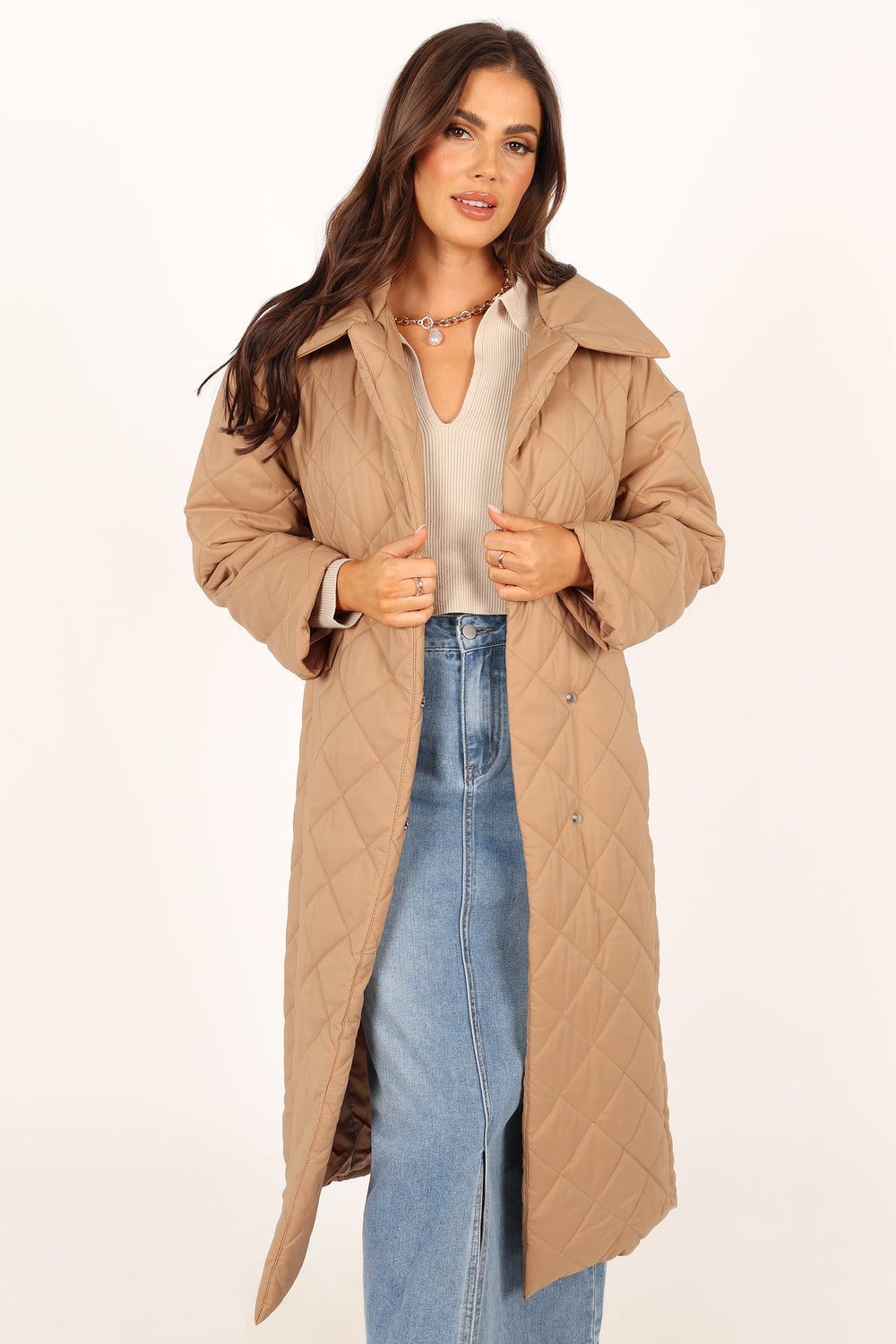 OUTERWEAR @Kallie Quilted Tie Front Coat - Camel