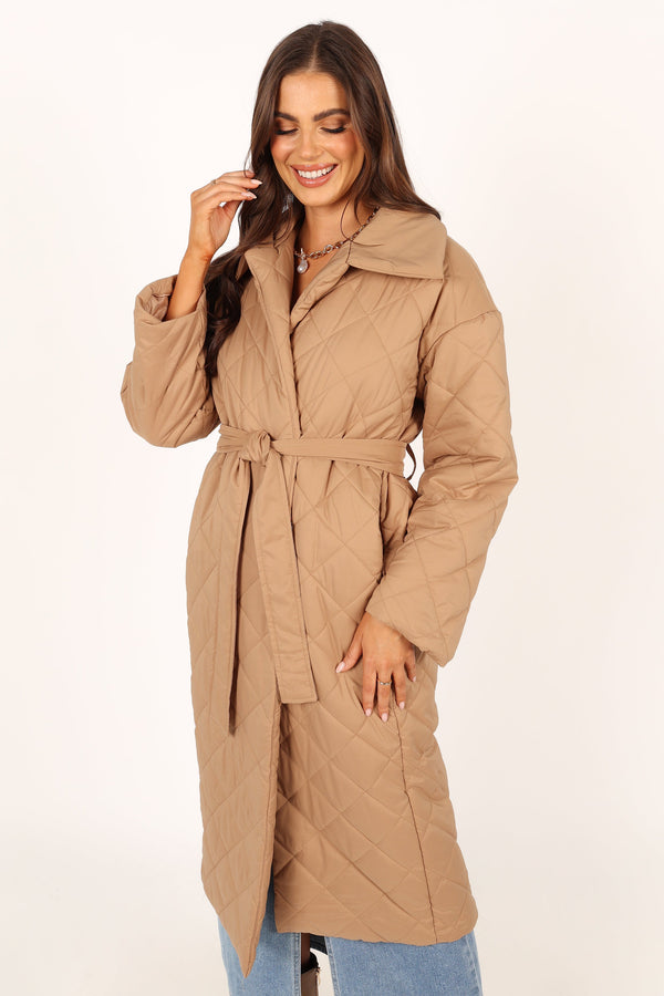 OUTERWEAR @Kallie Quilted Tie Front Coat - Camel