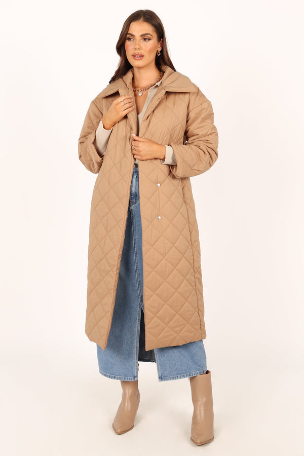 OUTERWEAR @Kallie Quilted Tie Front Coat - Camel