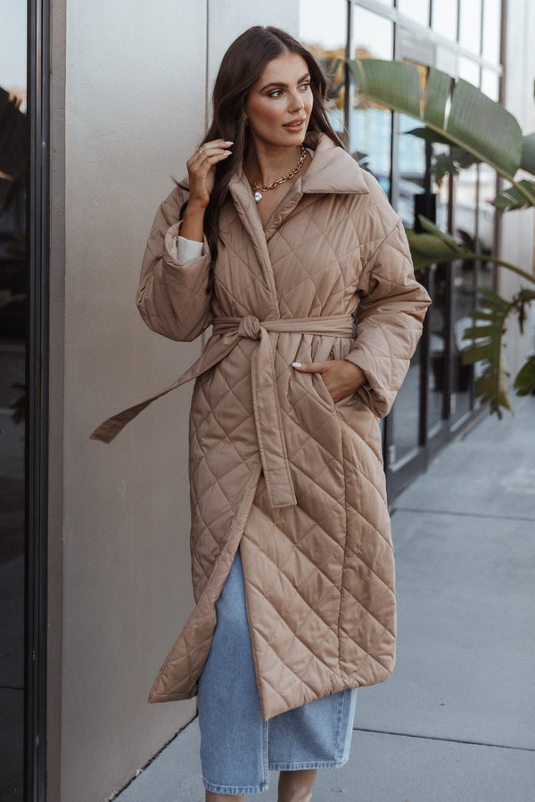 OUTERWEAR @Kallie Quilted Tie Front Coat - Camel