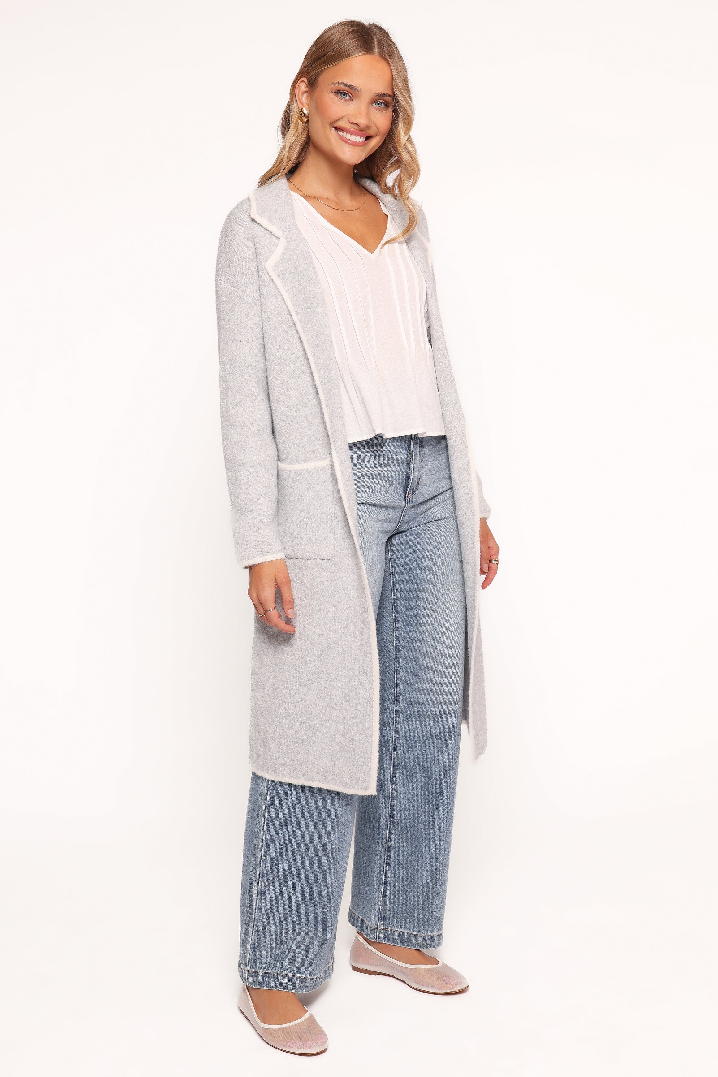 OUTERWEAR Katia Contrast Trim Coatigan - Light Grey