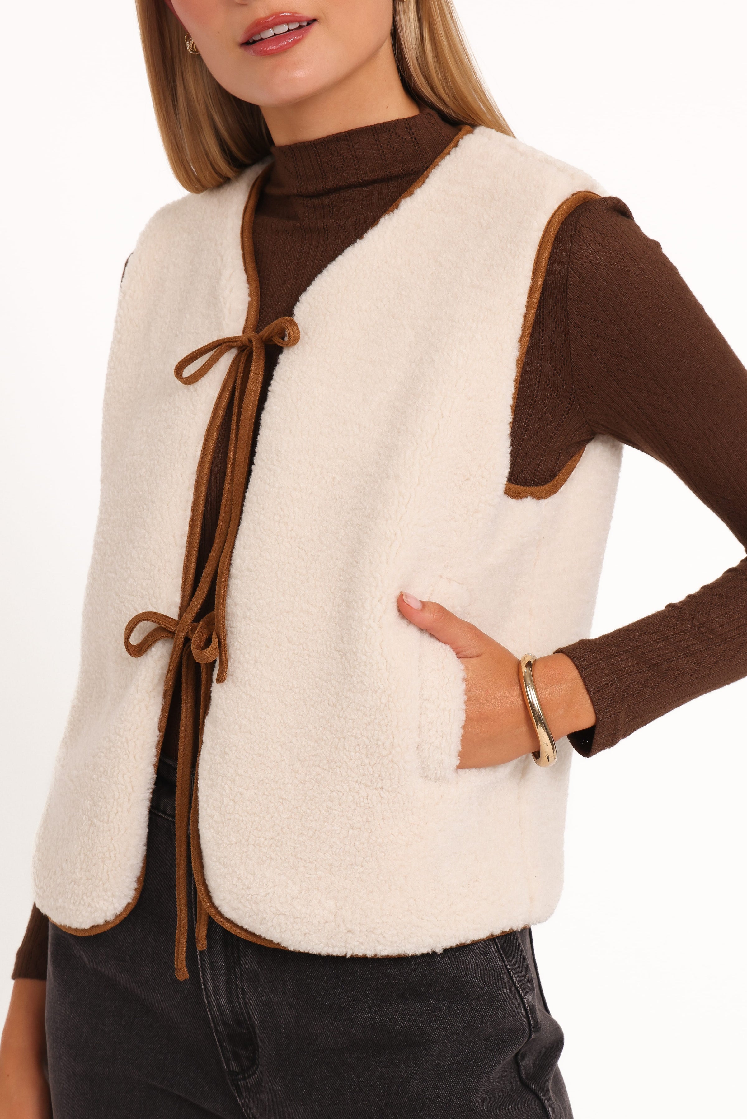 OUTERWEAR Laila Tie Front Vest - Cream Shearling