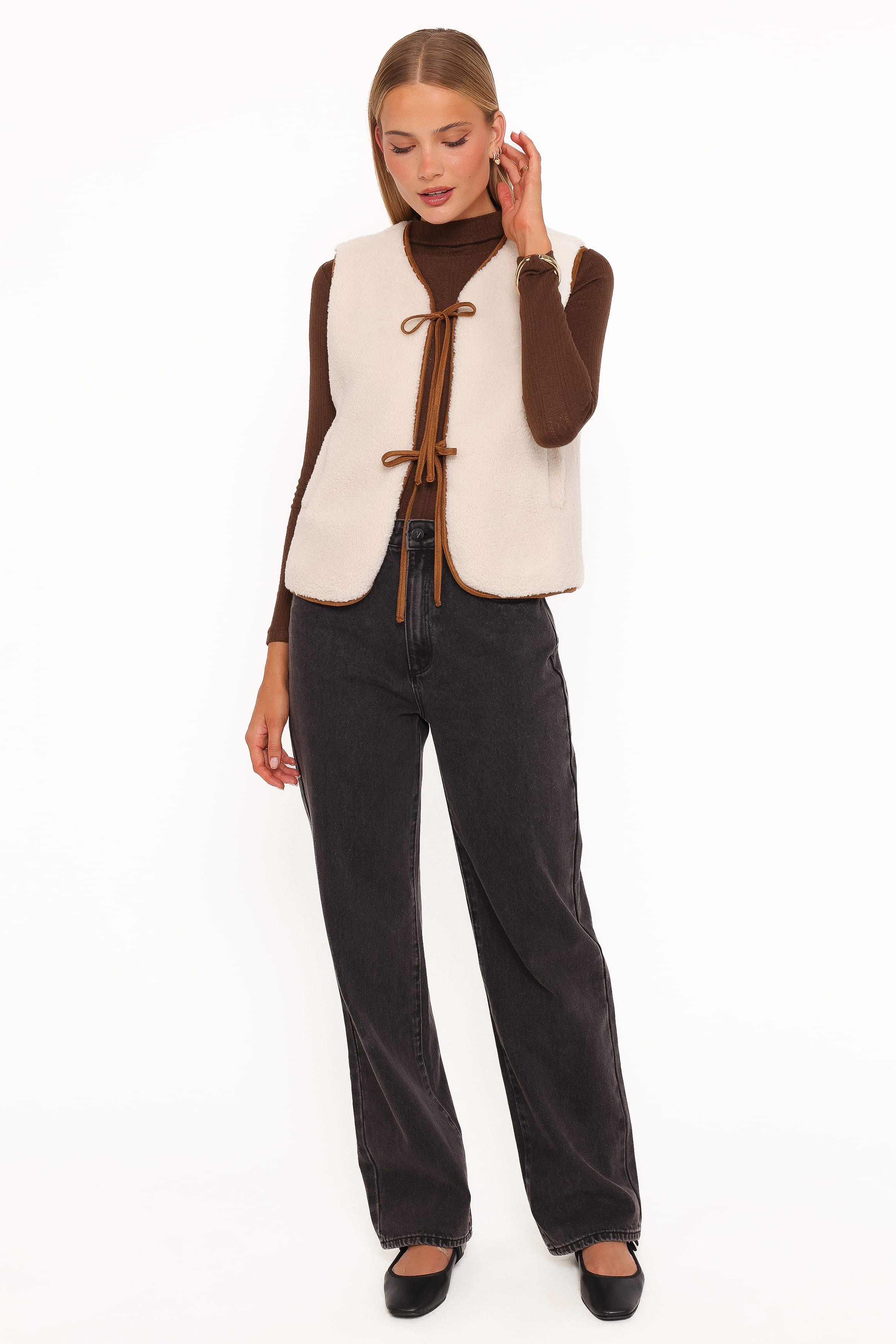 OUTERWEAR Laila Tie Front Vest - Cream Shearling