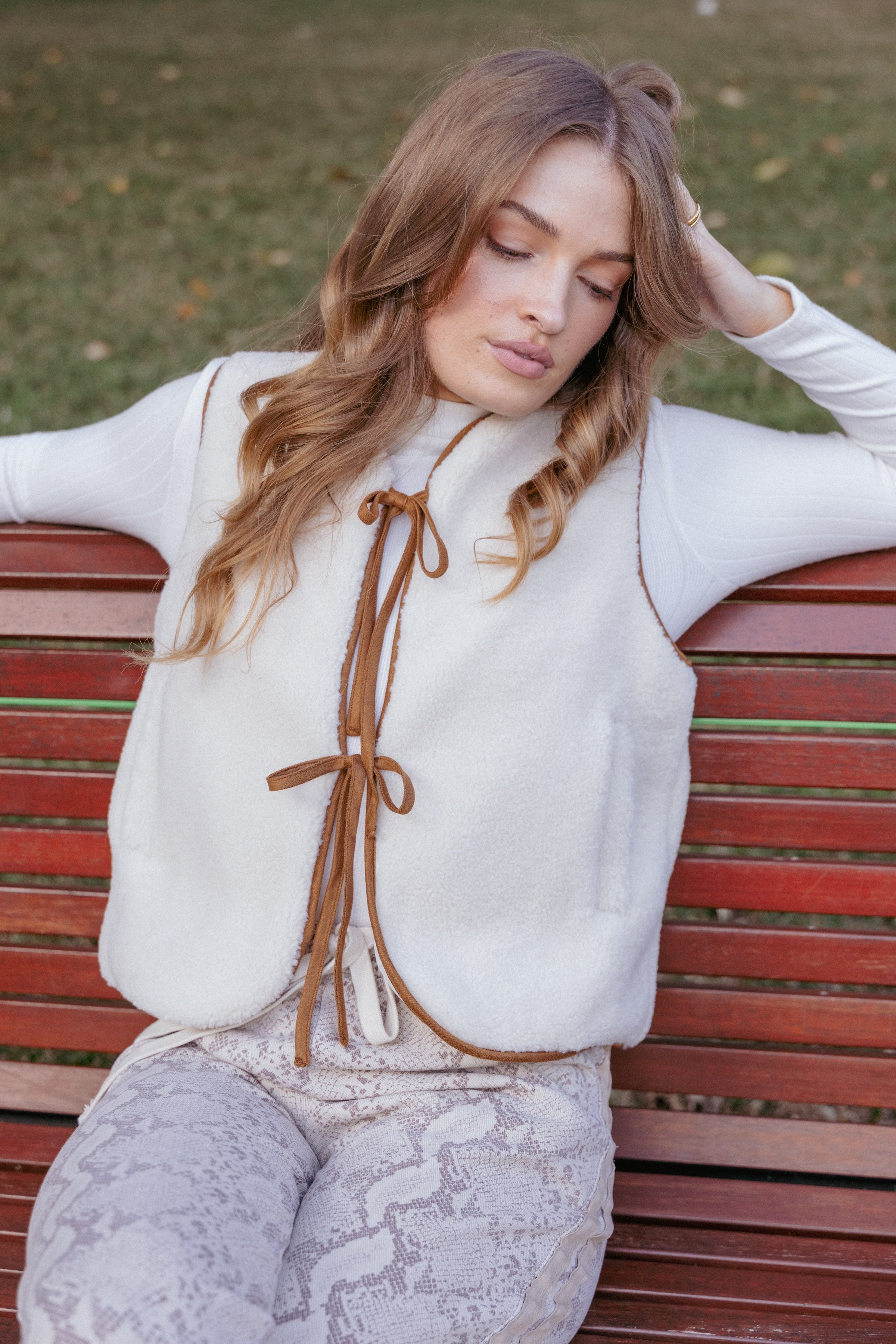 OUTERWEAR Laila Tie Front Vest - Cream Shearling