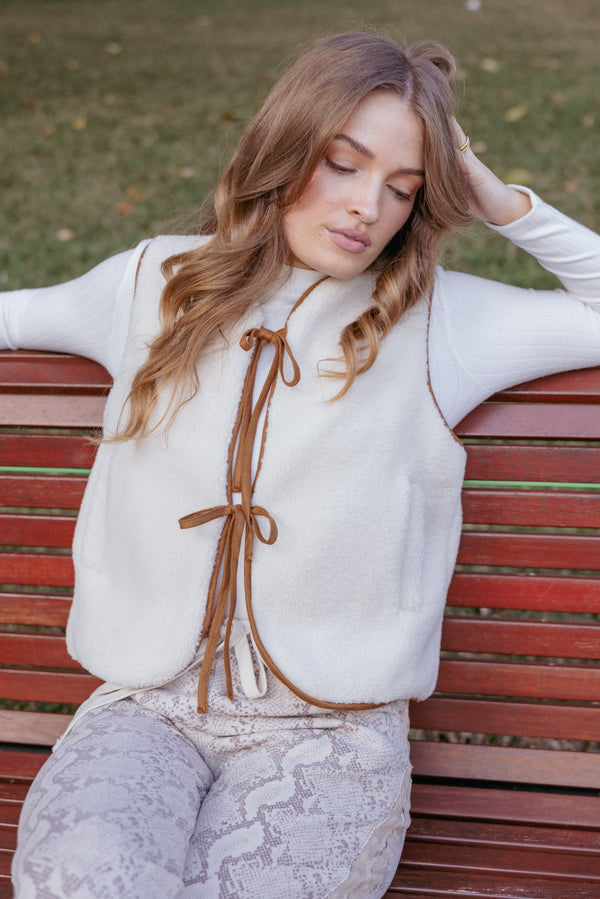 OUTERWEAR Laila Tie Front Vest - Cream Shearling