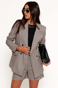 OUTERWEAR Lesia Double Button Fitted Plaid Blazer - Taupe Multi