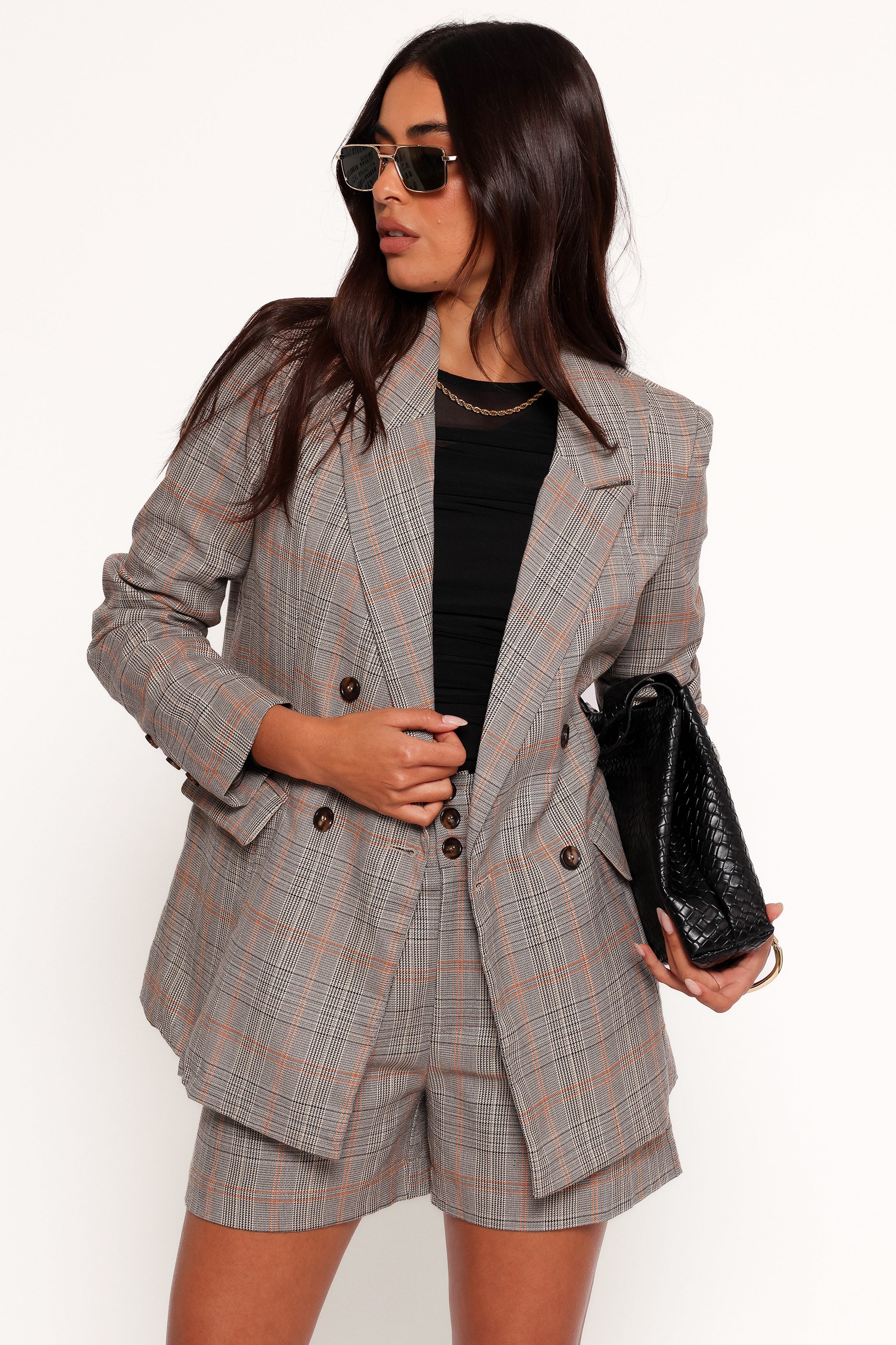 OUTERWEAR Lesia Double Button Fitted Plaid Blazer - Taupe Multi