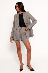 OUTERWEAR Lesia Double Button Fitted Plaid Blazer - Taupe Multi