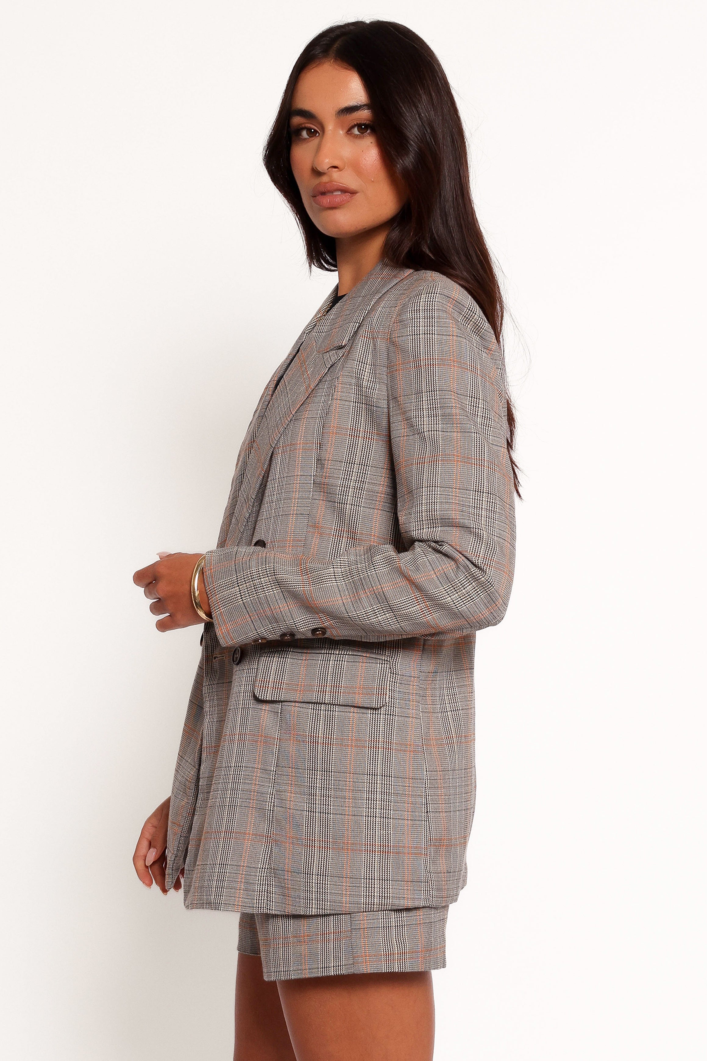 OUTERWEAR Lesia Double Button Fitted Plaid Blazer - Taupe Multi