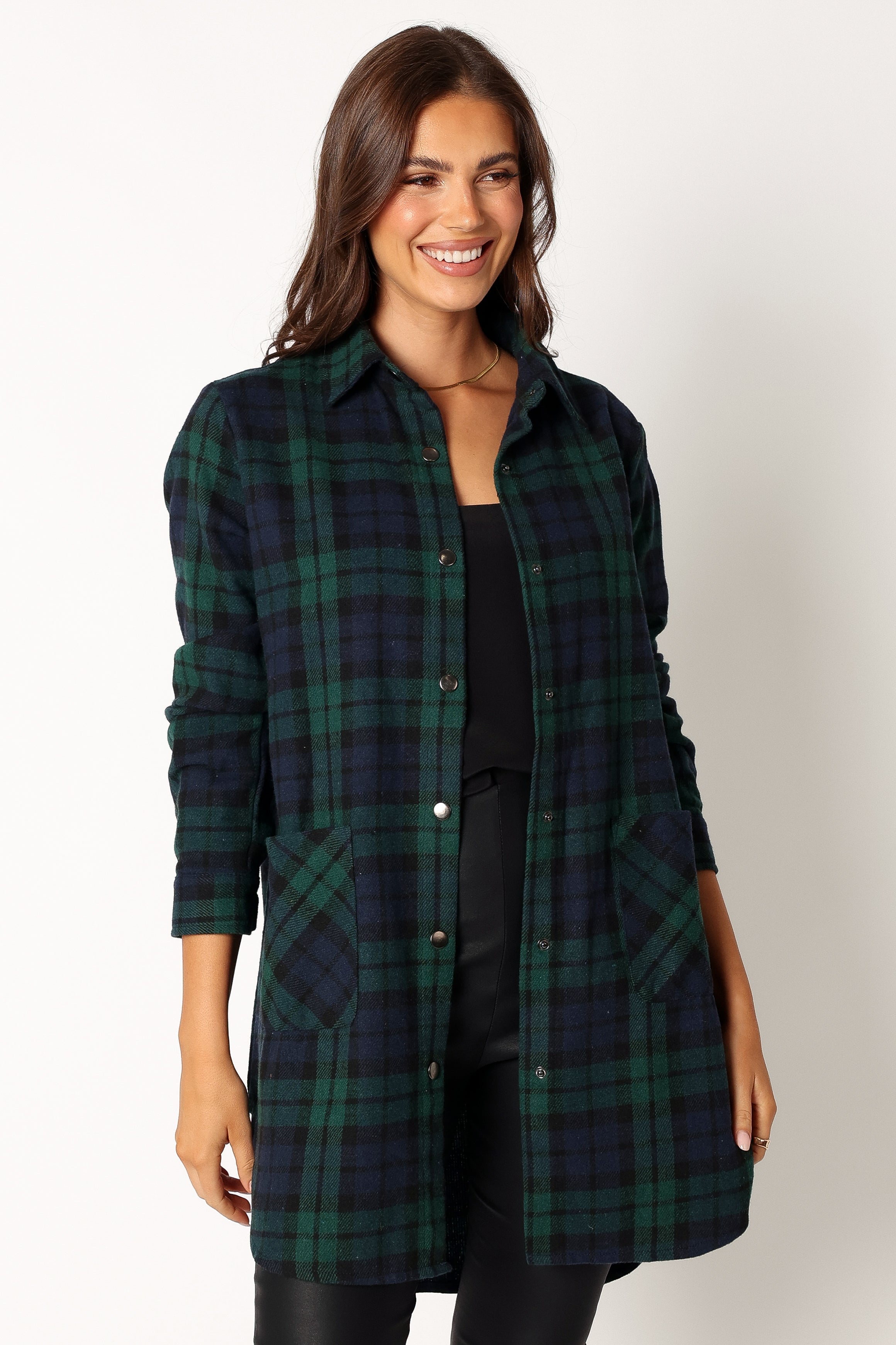 OUTERWEAR @Lilith Plaid Shacket - Hunter Green