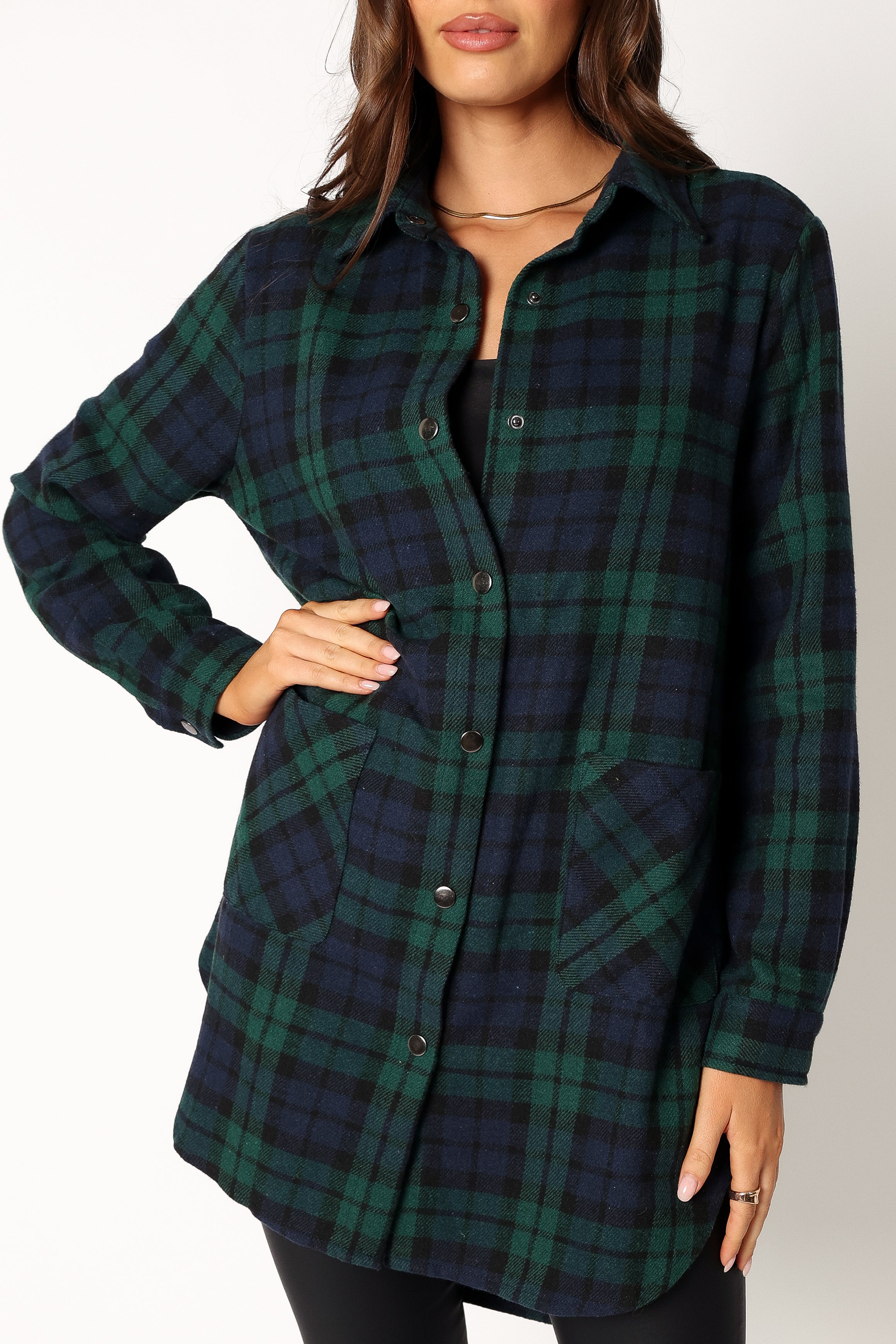 OUTERWEAR @Lilith Plaid Shacket - Hunter Green