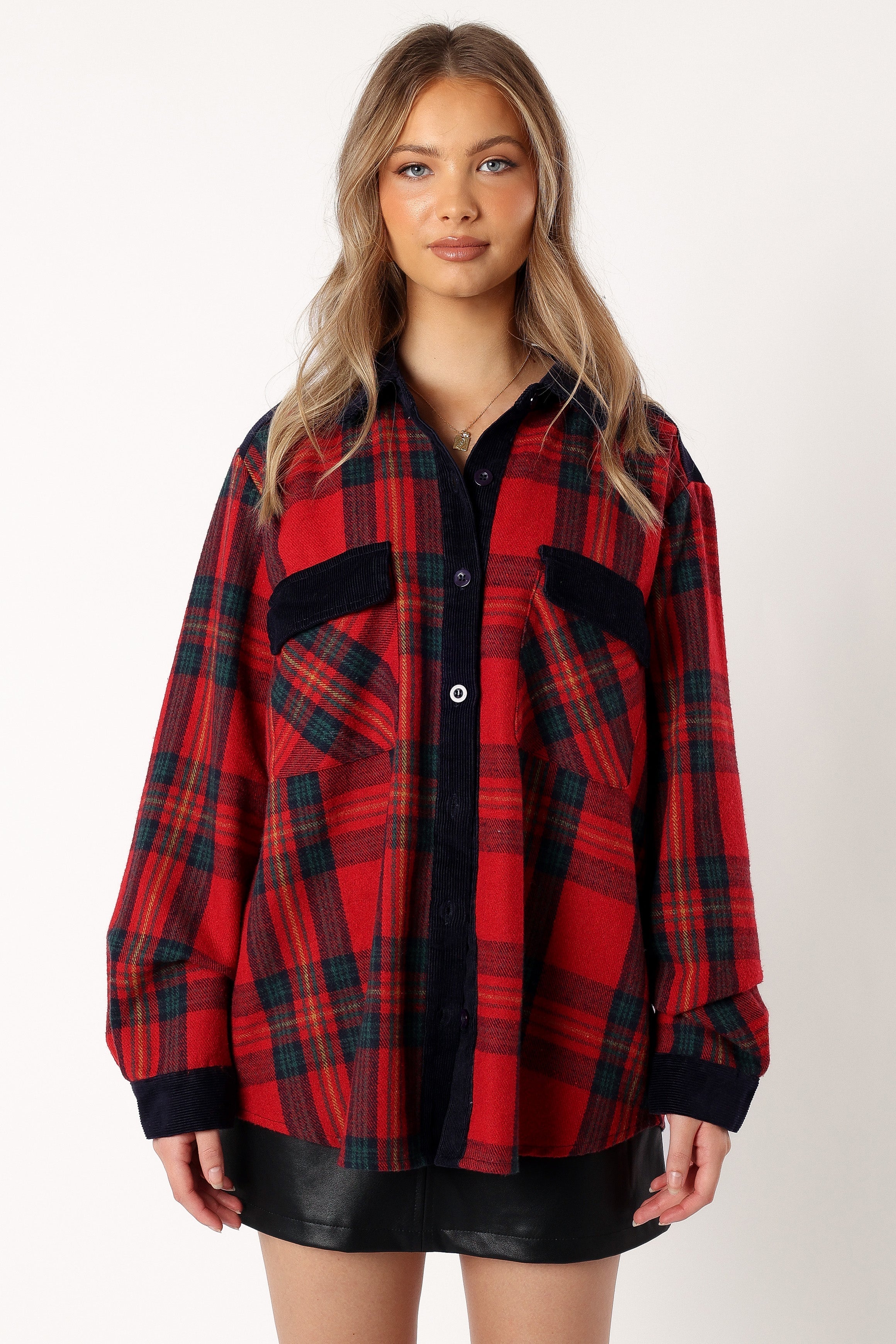 OUTERWEAR @Lucille Plaid Shacket - Red/Navy