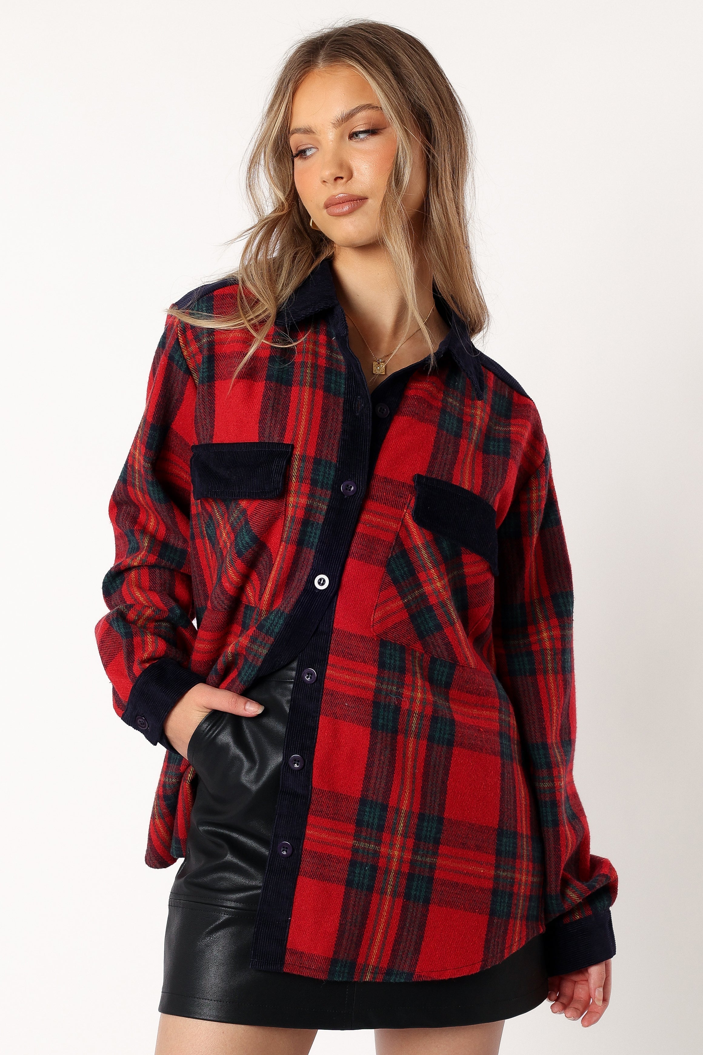 OUTERWEAR @Lucille Plaid Shacket - Red/Navy