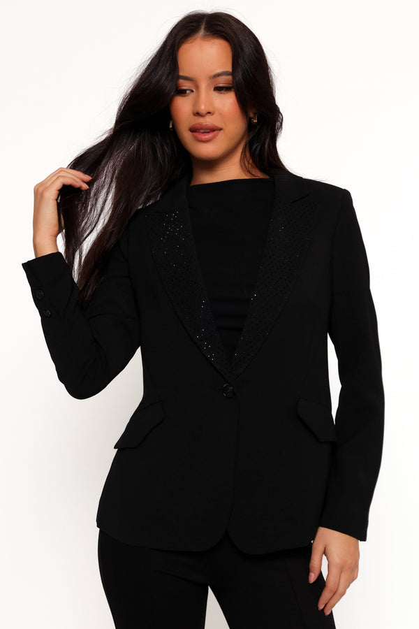 OUTERWEAR Luda Rhinestone Collar Single Button Blazer - Black