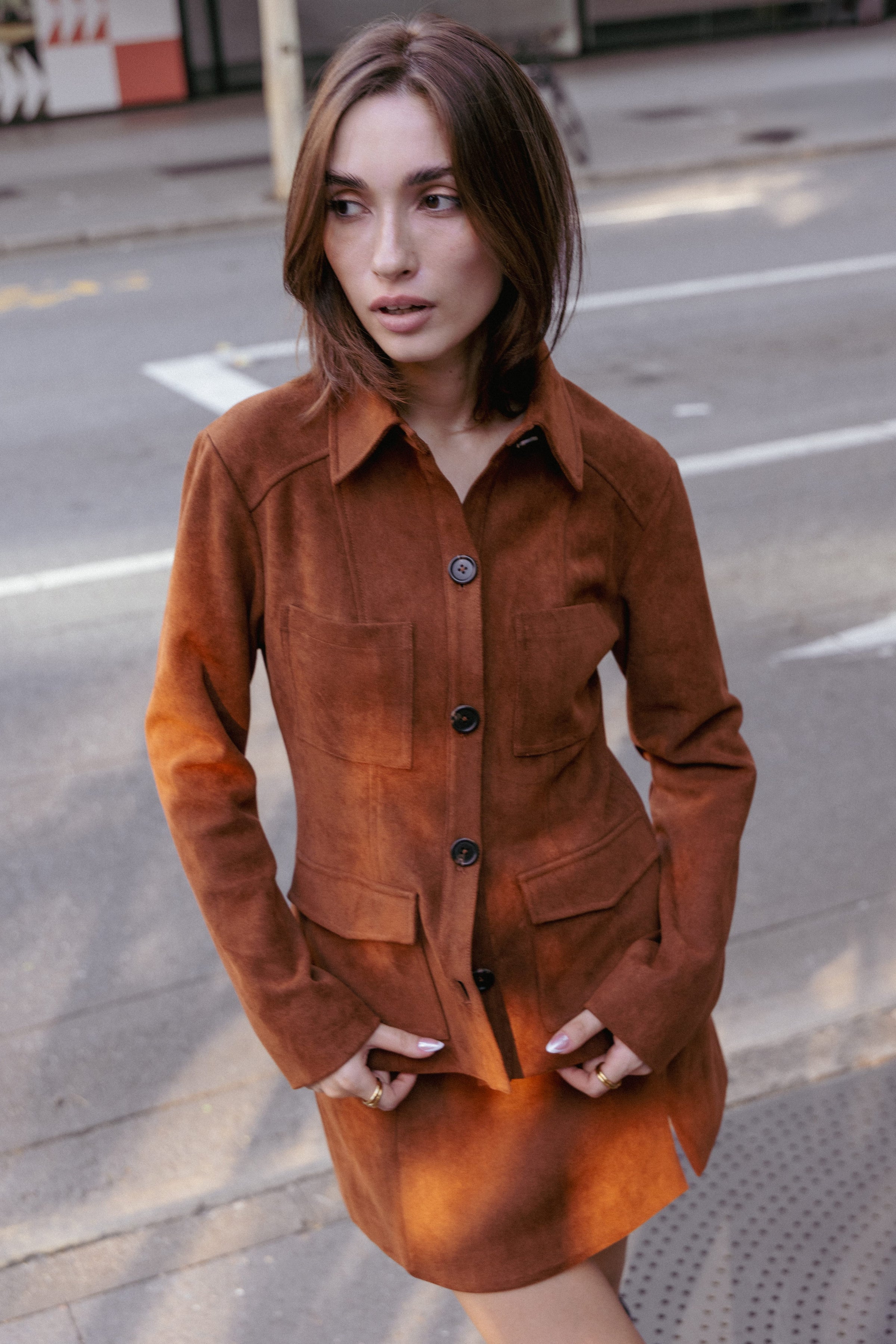 OUTERWEAR Mahlee Faux Suede Shacket - Copper Tan
