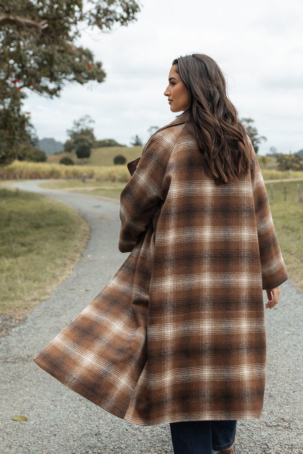 OUTERWEAR Maya Long Coat - Brown Check