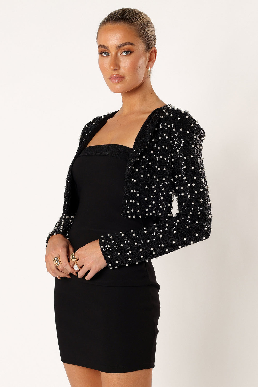 OUTERWEAR Monica All Over Pearl Crop Jacket - Black