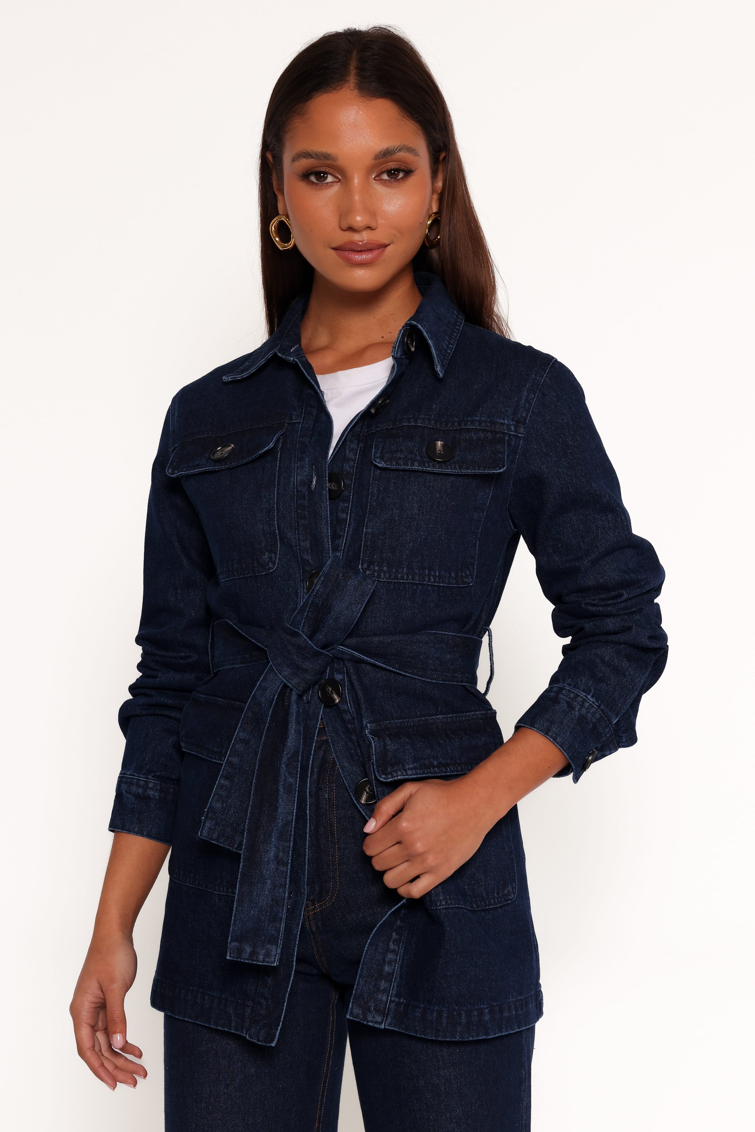 OUTERWEAR Nadine Tie Waist Button Front Jacket - Denim