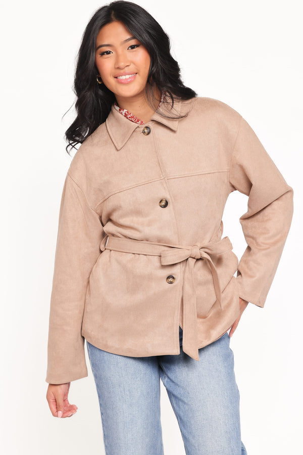 OUTERWEAR Nelly Faux Suede Cropped Trench Coat - Mushroom