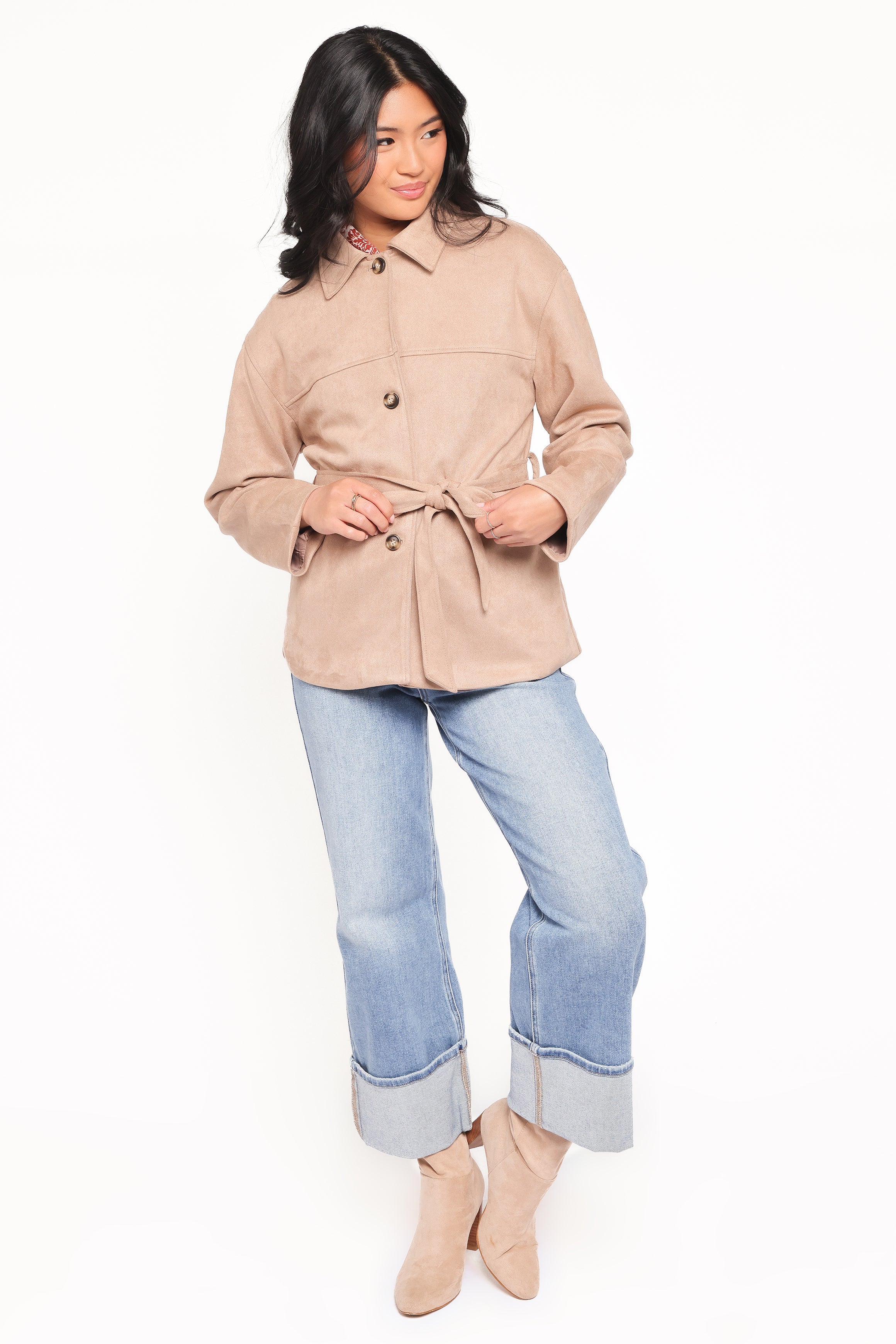 OUTERWEAR Nelly Faux Suede Cropped Trench Coat - Mushroom