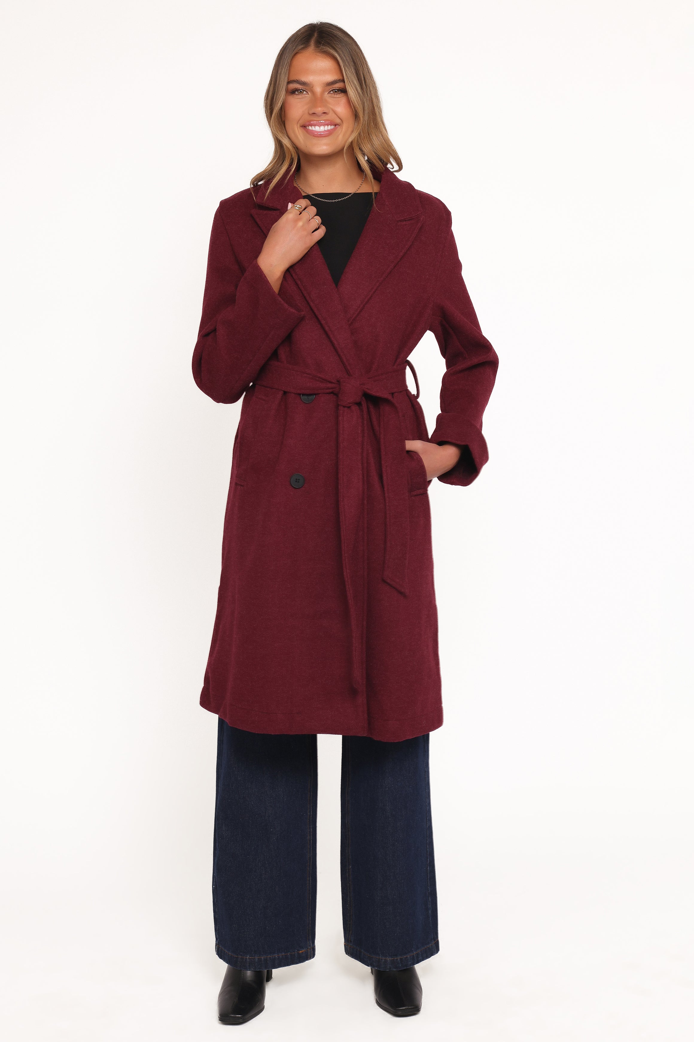 OUTERWEAR Nina Fur Collar Tie Waist Coat - Burgundy