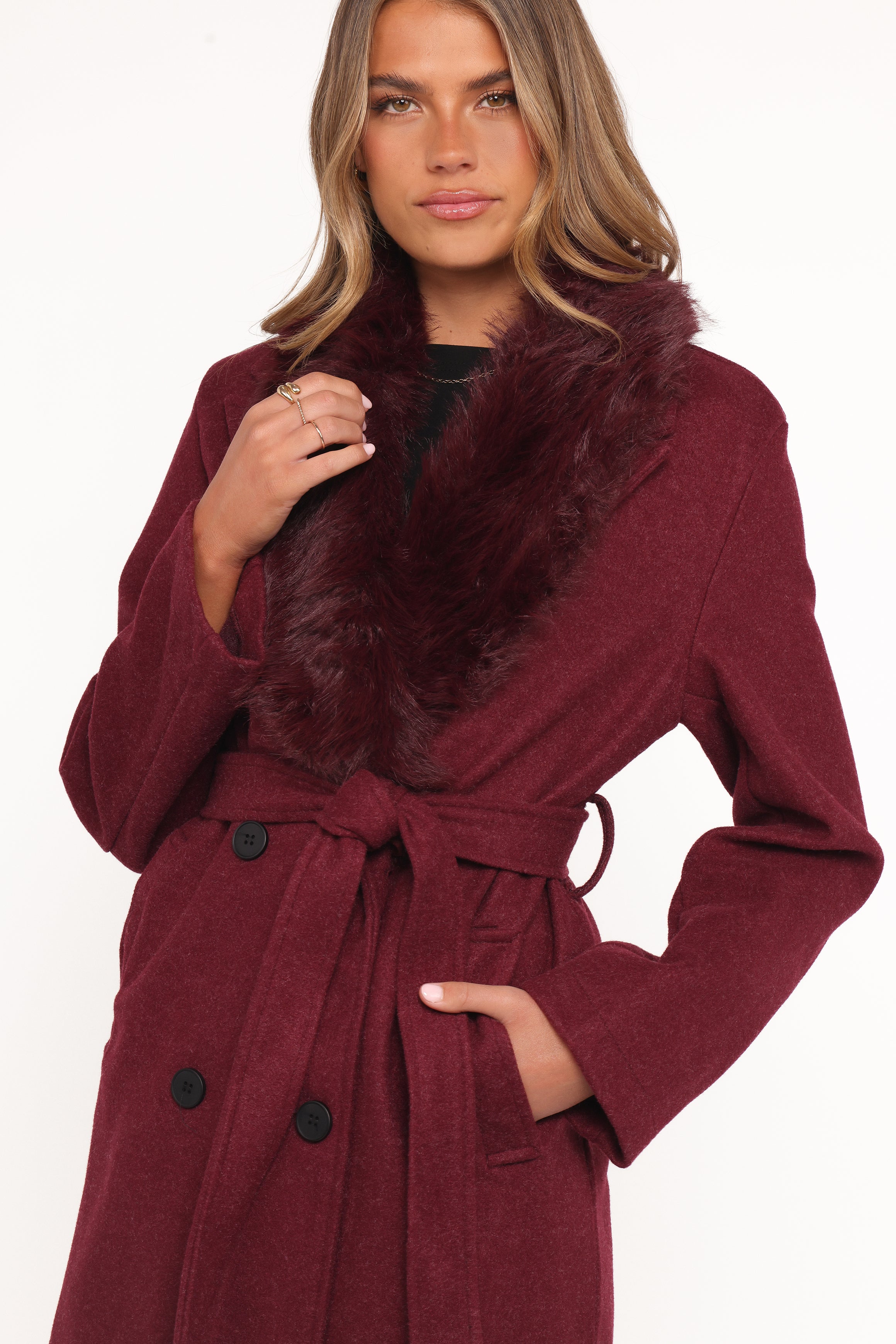OUTERWEAR Nina Fur Collar Tie Waist Coat - Burgundy